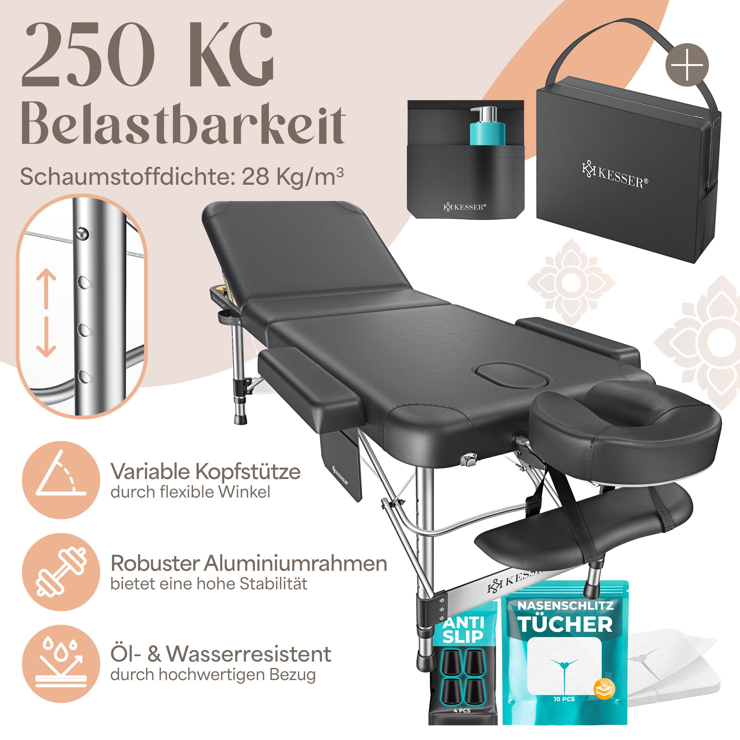 KESSER Massageliege, 3 Zonen Kosmetikliege klappbar & höhenverstellbar mobile Massagebett