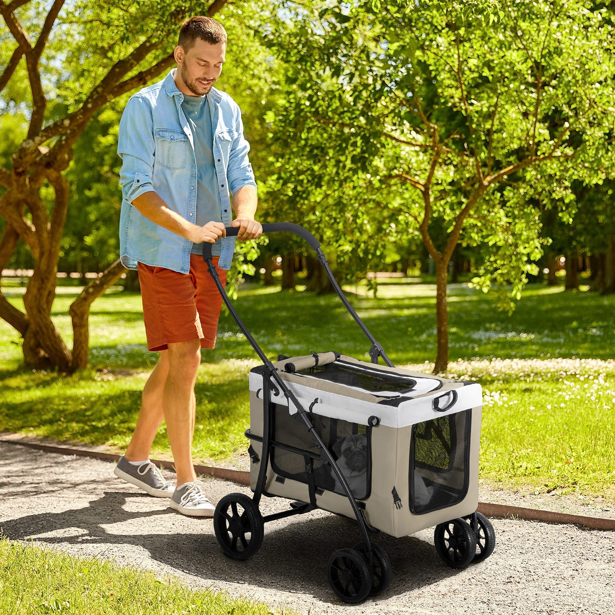 PawHut Hundebuggy Hundewagen Katzenbuggy klappbar mit Kissen Netzfenstern Türen, (Haustierwagen, 1-tlg), für Hunde & Katzen bis 10 kg, Khaki