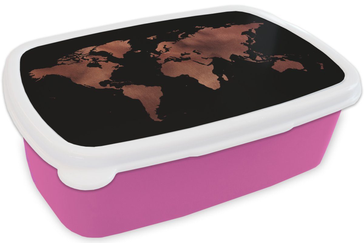 Lunchbox Snackbox, für rosa Rot, Erwachsene, - Schwarz Weltkarte MuchoWow Mädchen, Kinder, Kunststoff Kunststoff, Brotdose (2-tlg), - Brotbox