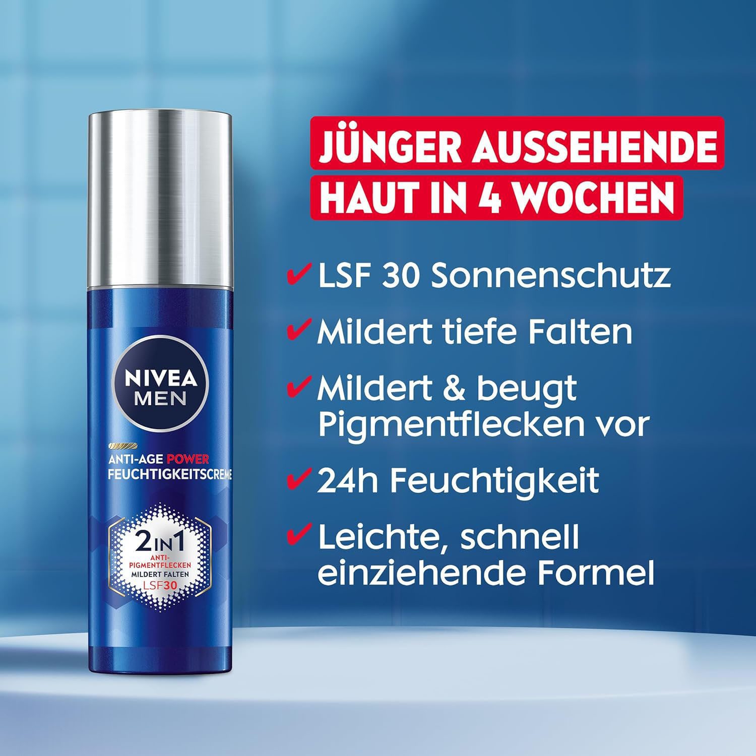 Nivea Men Tagescreme ANTI-AGE POWER 2IN1, Mildert tiefe Falten, zieht schnell ein, 24h intensive Feuchtigkeit.