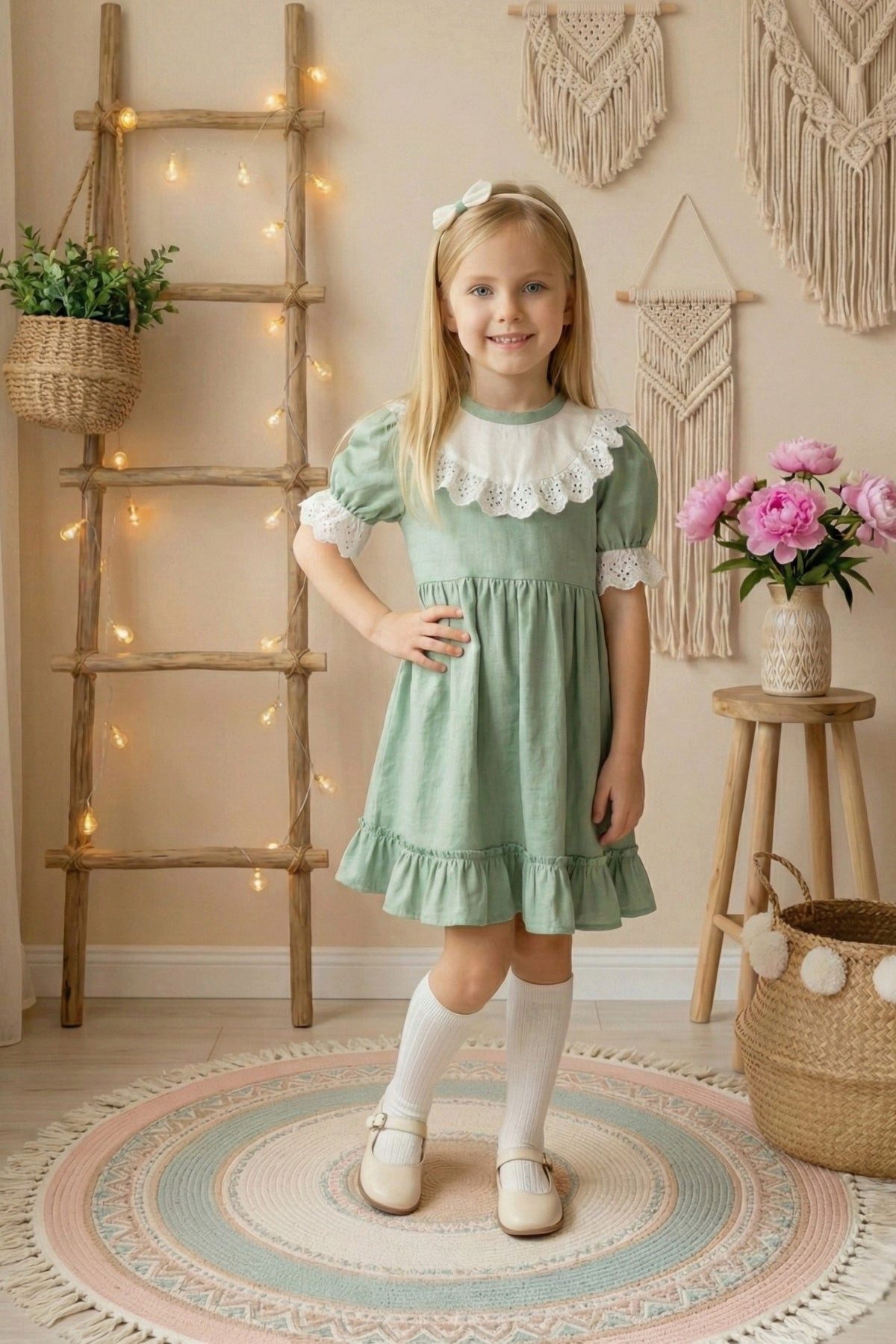 Parla Kids Sommerkleid Mintfarbenes Kleid kurzärmelig mit Spitzendetail und Haarspange Spitzendetails - Haarband - Rüschensaum