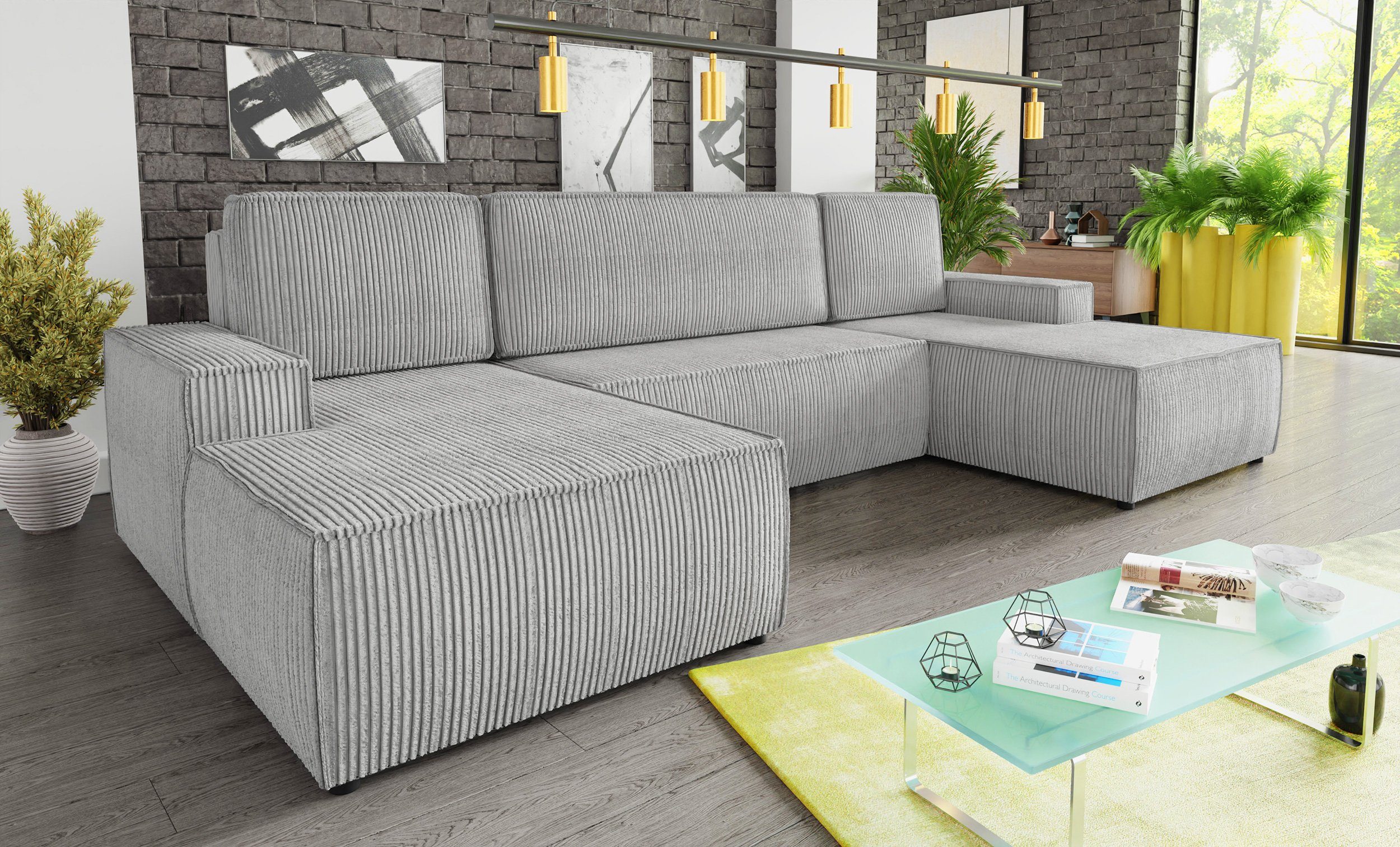 Sofnet Wohnlandschaft Totti U, mit Schlaffunktion und Bettkasten, U-Form Couch, Cord Stoff, Schlafsofa mit Wellenfeder, Sofa U-form