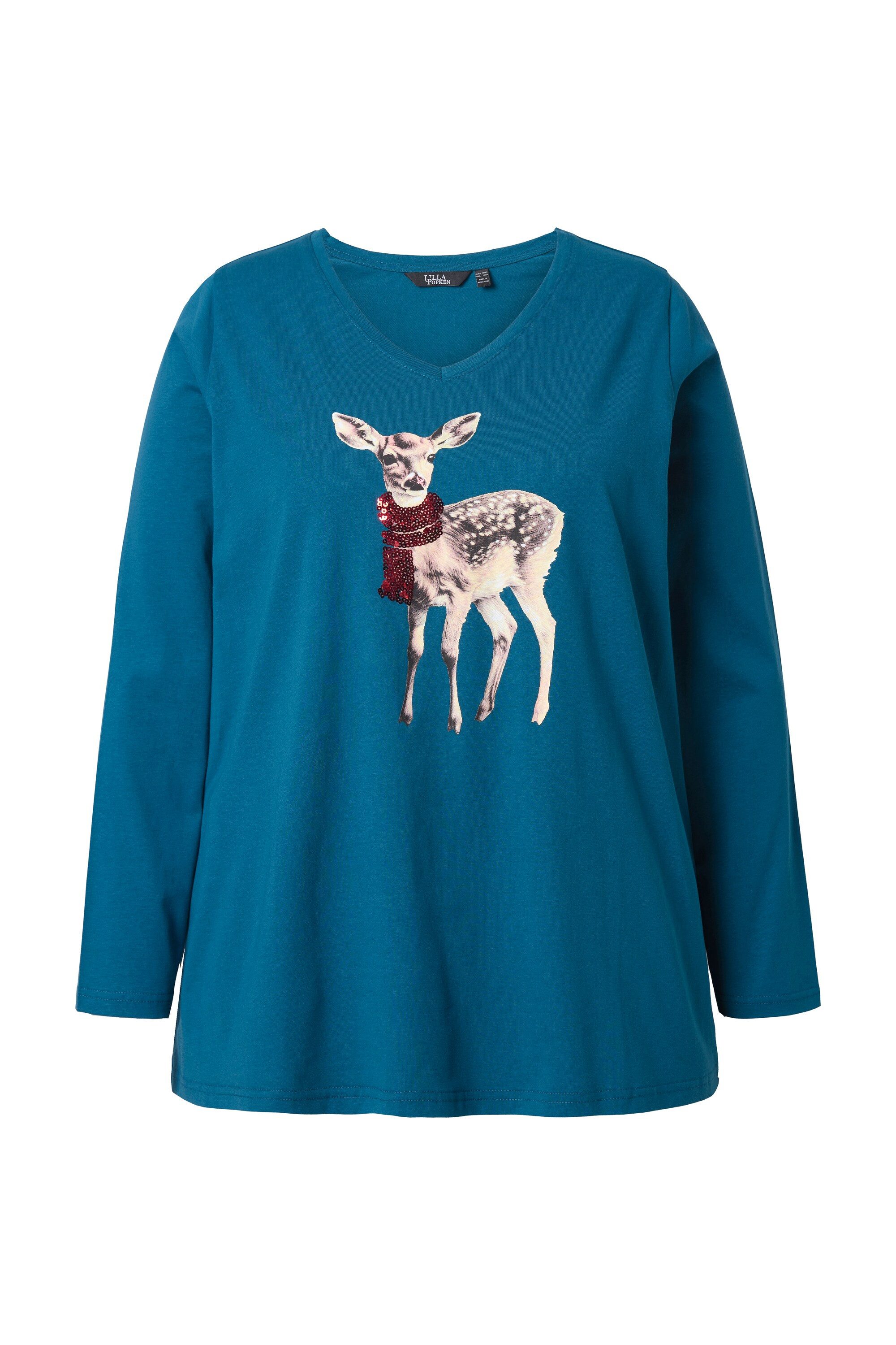 Ulla Popken Longsleeve Shirt Rehkitz Pailletten A-Linie V-Ausschnitt günstig online kaufen