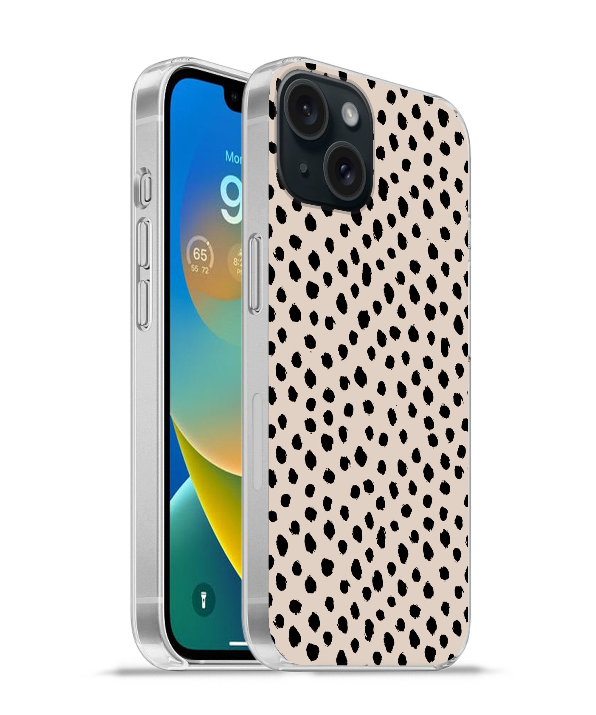 MuchoWow Handyhülle für Apple iPhone 15 Polka dots - Schwarz - Beige, Smartphone-Bumper, Print, Handy Schutzhülle Dünn