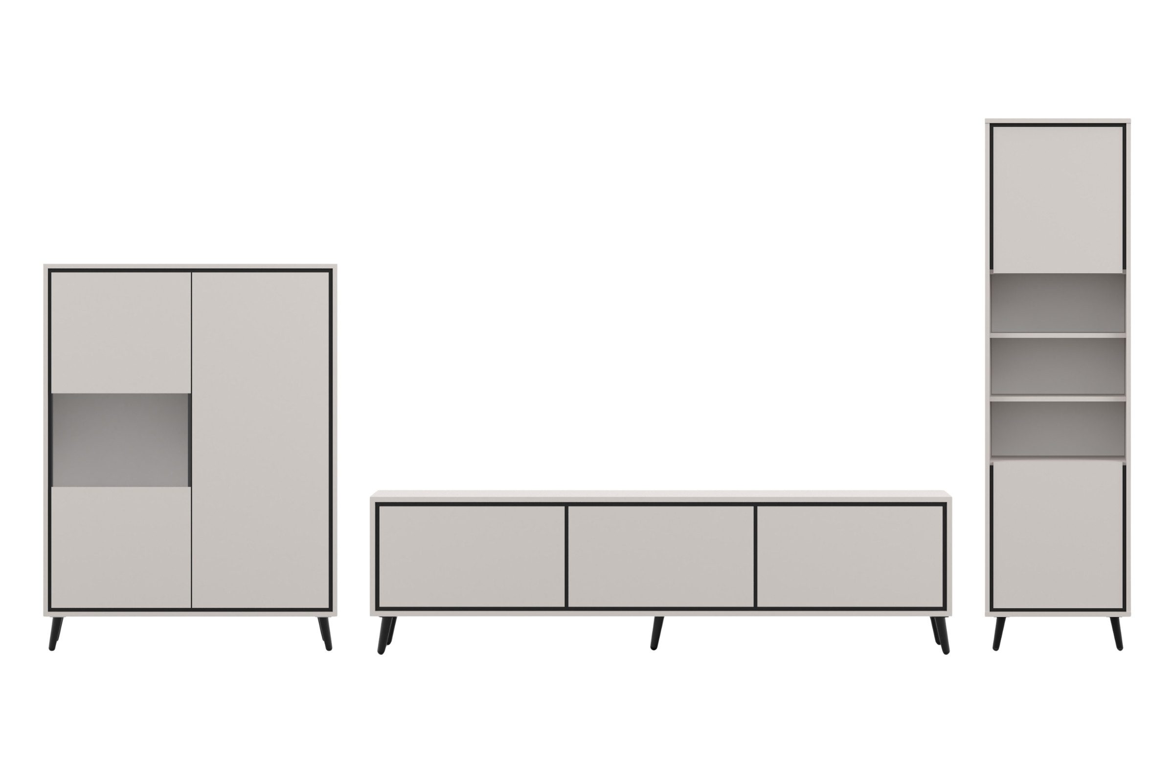 Deine Möbel 24 Wohnzimmer-Set FRESSO A, 3-tlg., (FRESSO-Kollektion, 3-St., Barschrank, TV-Board, Vitrine), Push-to-Open, Metallfüße, Kaschmir/Schwarz
