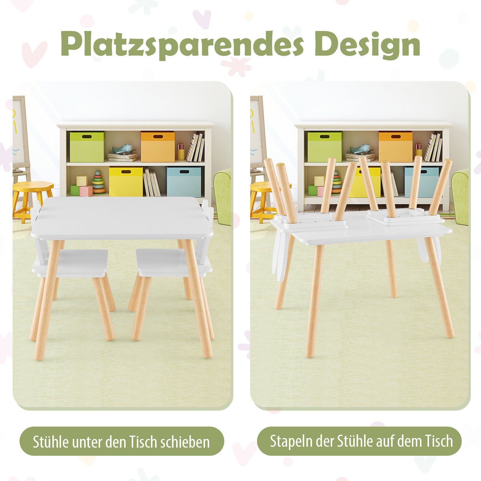 COSTWAY Kindersitzgruppe 3 TLG. mit Tisch & 2 Stühlen, aus Holz, für 3-6 Jahre