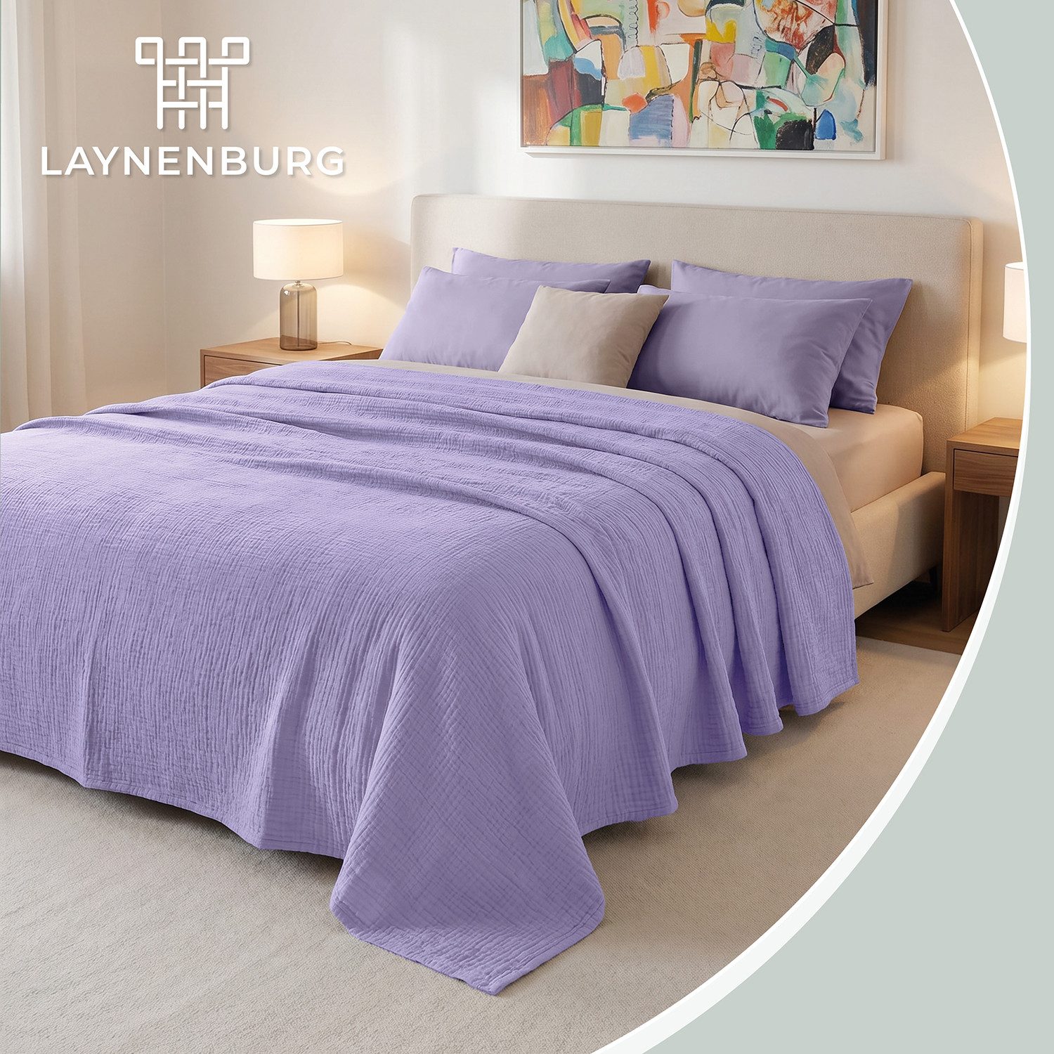 Laynenburg Tagesdecke Musselin aus 100% Baumwolle – Baumwolldecke, Kuscheldecke, Wohndecke als Sommerdecke, Bett-Überwurf, Couch-Überwurf, Sofa-Decke – Bild 2 von 5