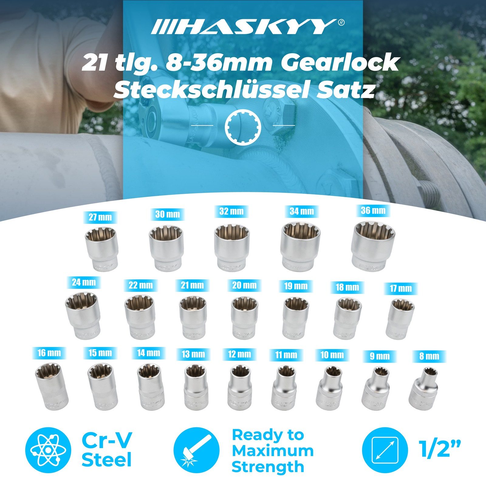 HASKYY Stecknüsse 1/2" Steckschlüssel Nüsse 8-36mm Vielzahn 21 tlg. XZN Nusskasten