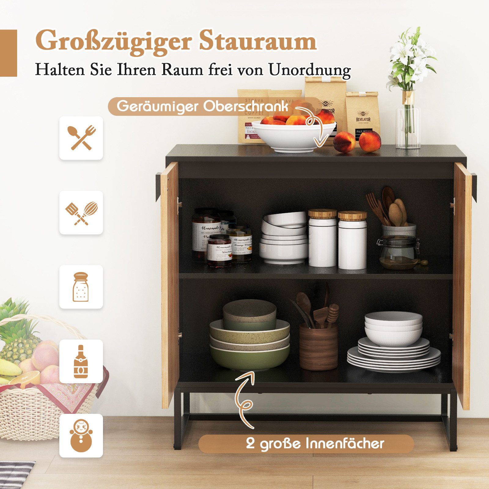 COSTWAY Küchenbuffet mit Arbeitsplatte, Sideboard mit Türen, Metallbeinen, 80x40x80cm