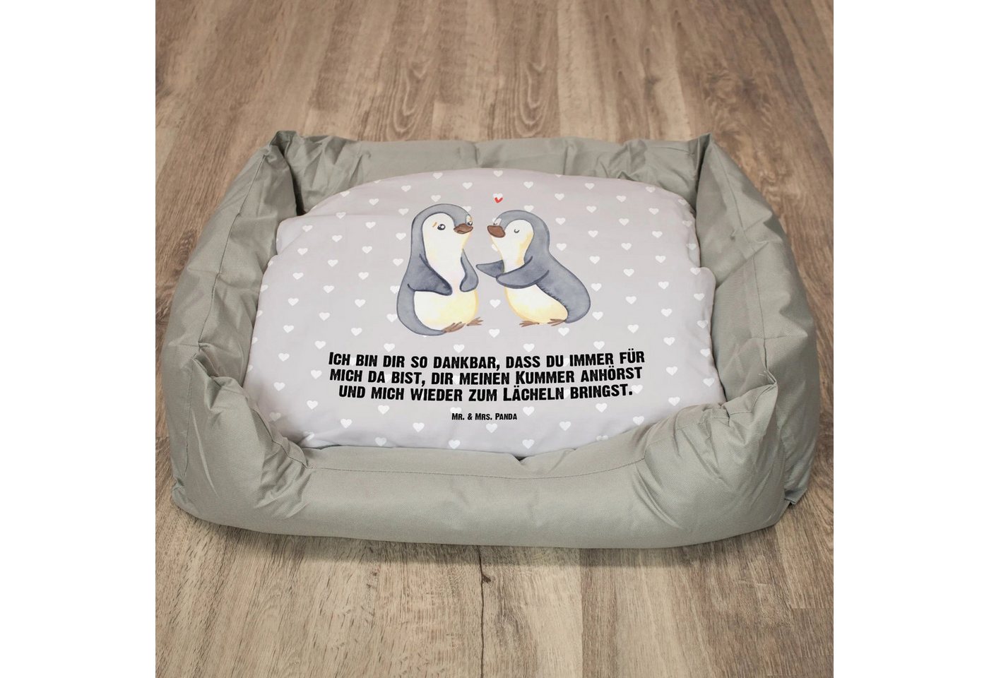 Thumbnail - Mr. & Mrs. Panda Tierbett Pinguine trösten - Grau Pastell - Geschenk, Hundeschlafplatz, Hundekö, Modernes Design