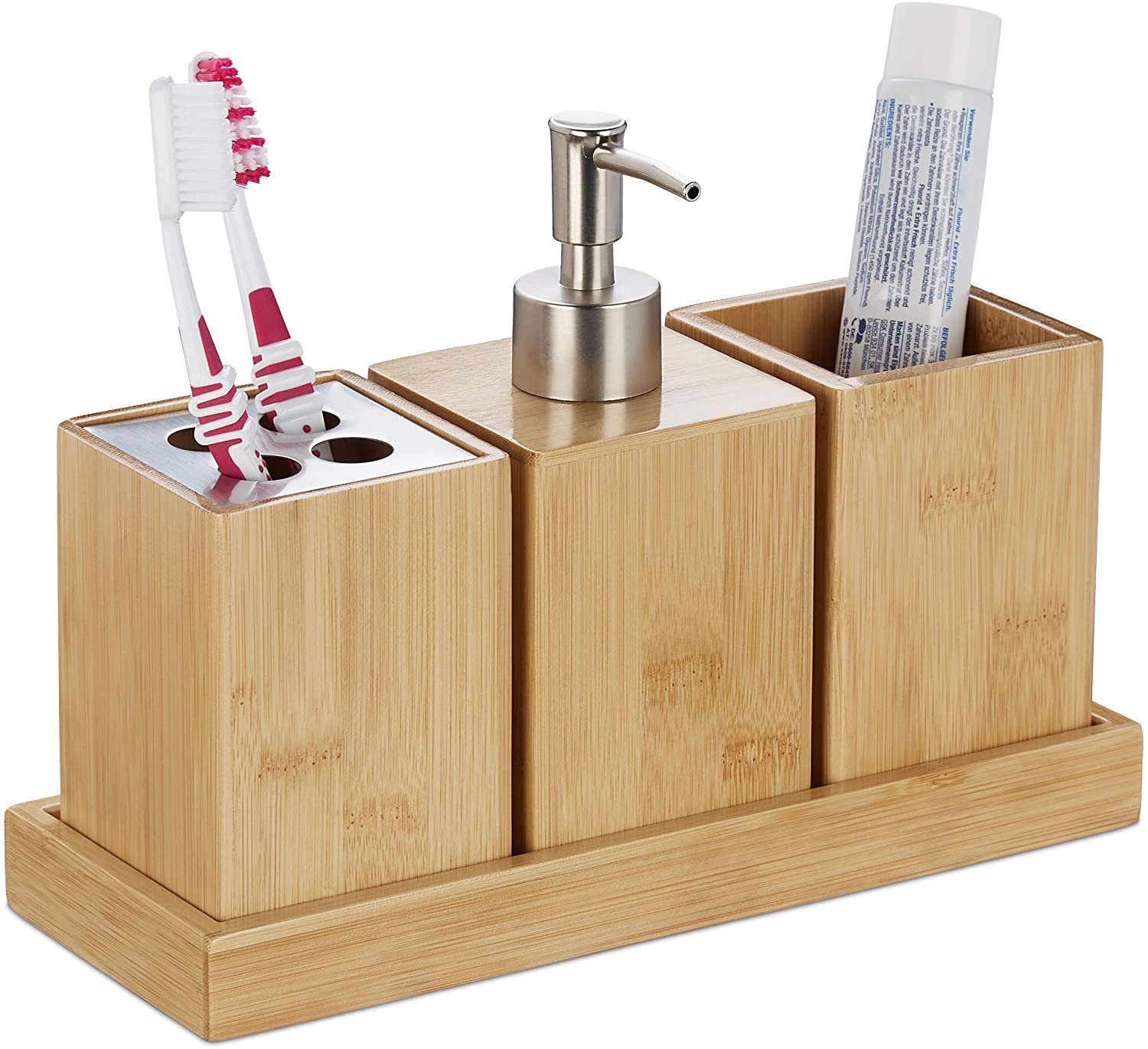 zggzerg Badezimmer-Set Badaccessoires Set,4-teilig,Bambus,Pumpseifenspender günstig online kaufen