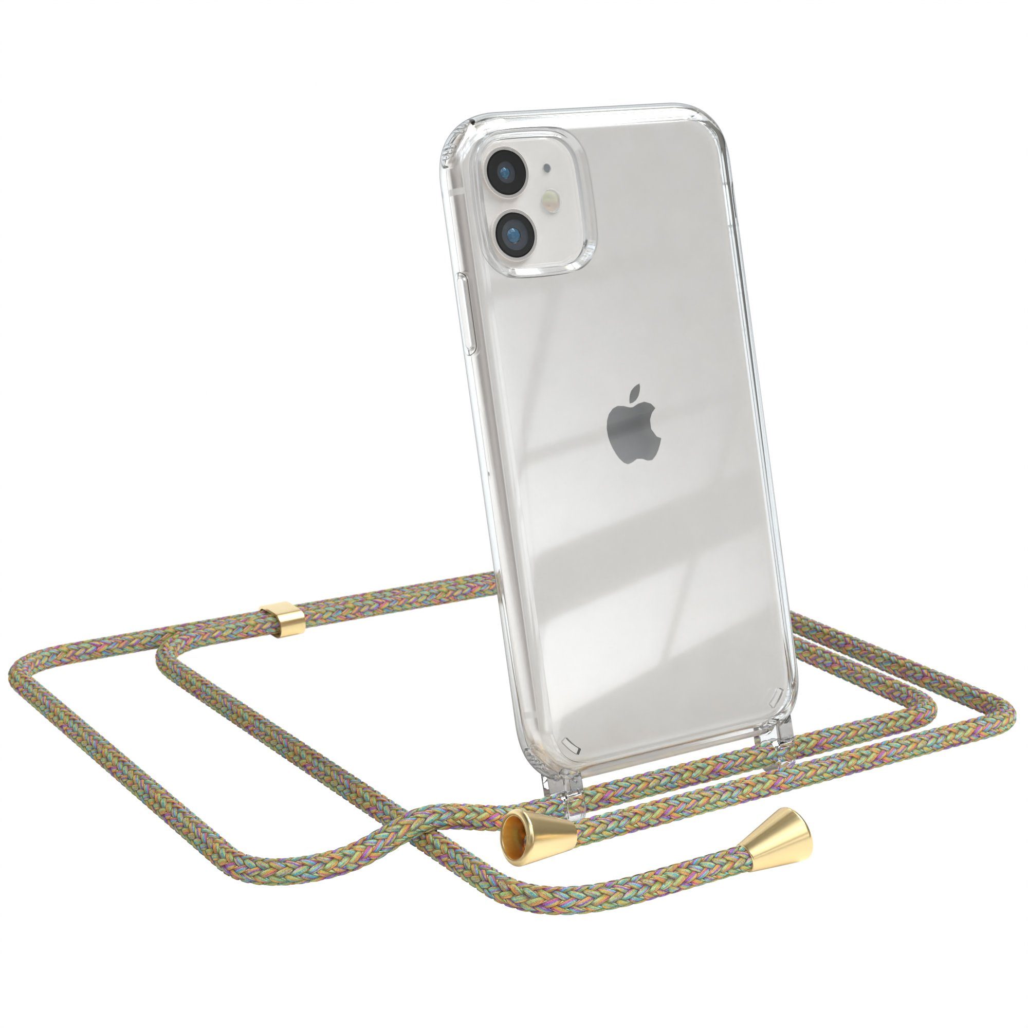 EAZY CASE Handykette Hülle mit Kette für Apple iPhone 11 6,1 Zoll, Ketten Hülle Schultergurt Schutz Hülle Tasche mit Band Bunt Clip Gold