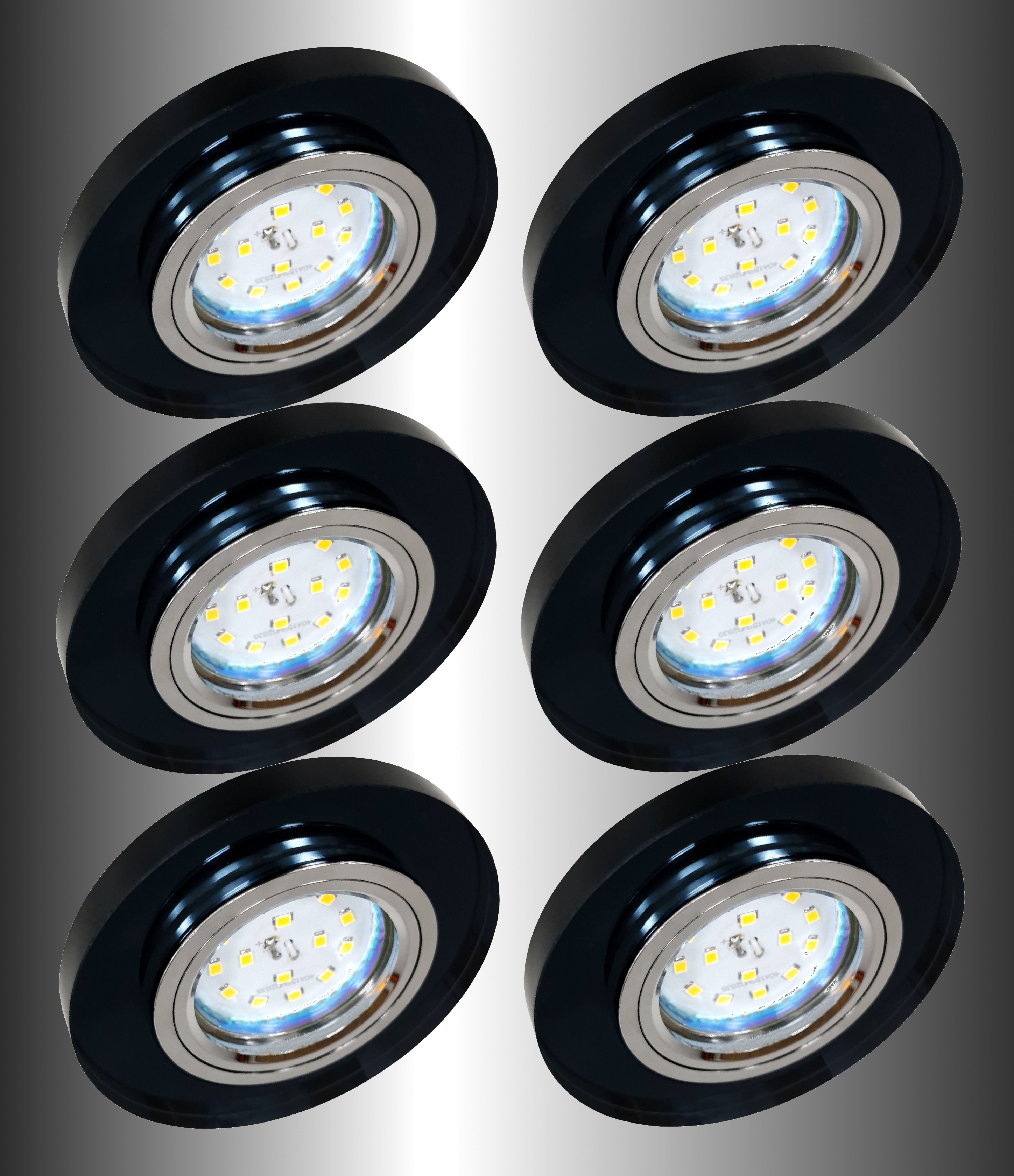 Schwarzglas 3-Stufen 6736R-06GUSDAK CRYSTAL* Deckenspots inkl. 6er 6x LED Einbauspot, Deckenleuchte, Alu warmweiß, aus (Handgeschliffen) in Einbauleuchte, 3000K Rund Einbauleuchte, LED dimmbar & Deckenstrahler TRANGO Set *BLACK GU10 Leuchtmittel LED