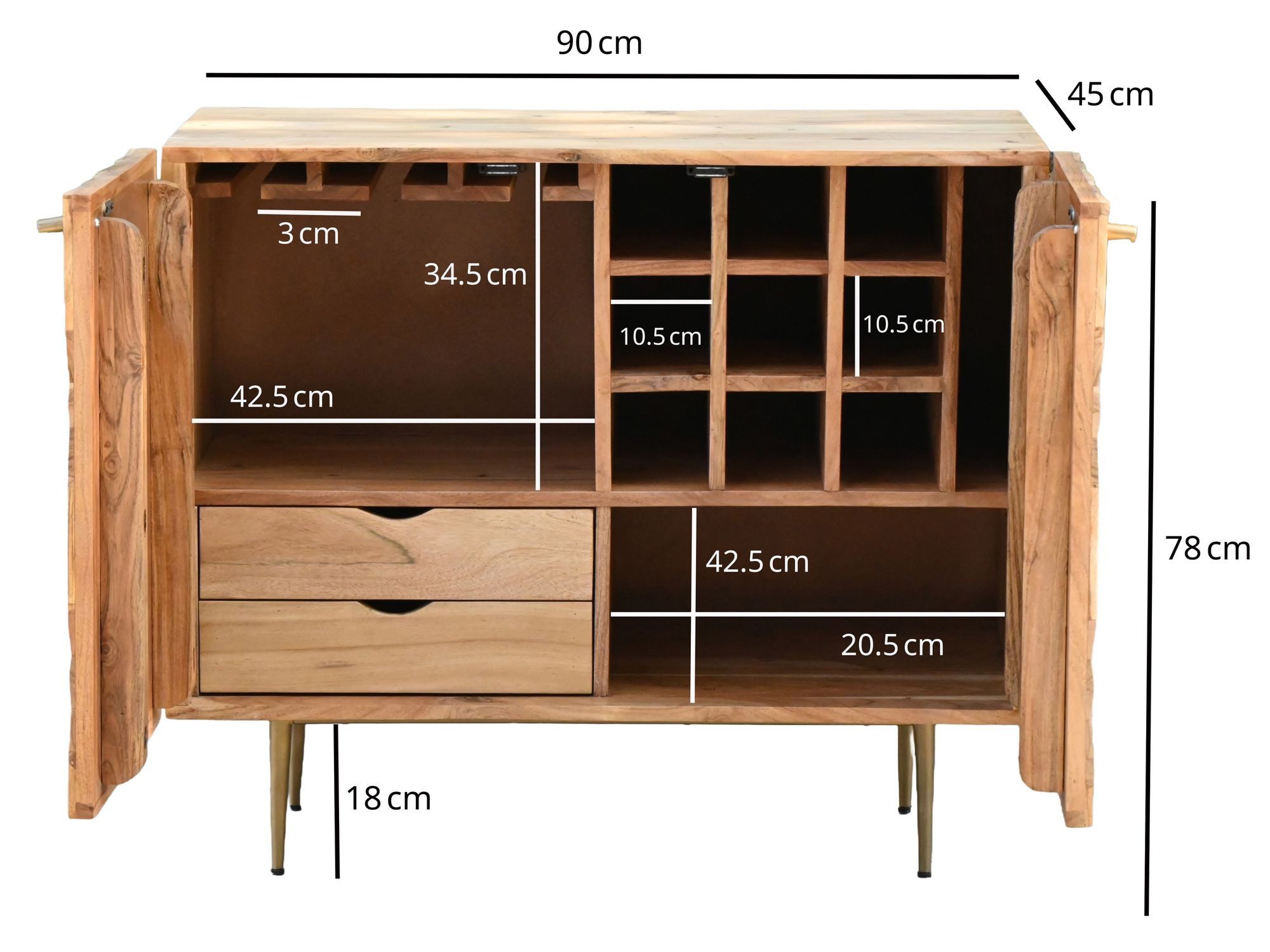 FINEBUY Barschrank FB117746 Massivholz 90cm Bar Weinschrank Design Hausbar Handmade (Eleganter Weinschrank aus massivem Akazienholz) Mit praktischem Weinregal und Glashalterungen