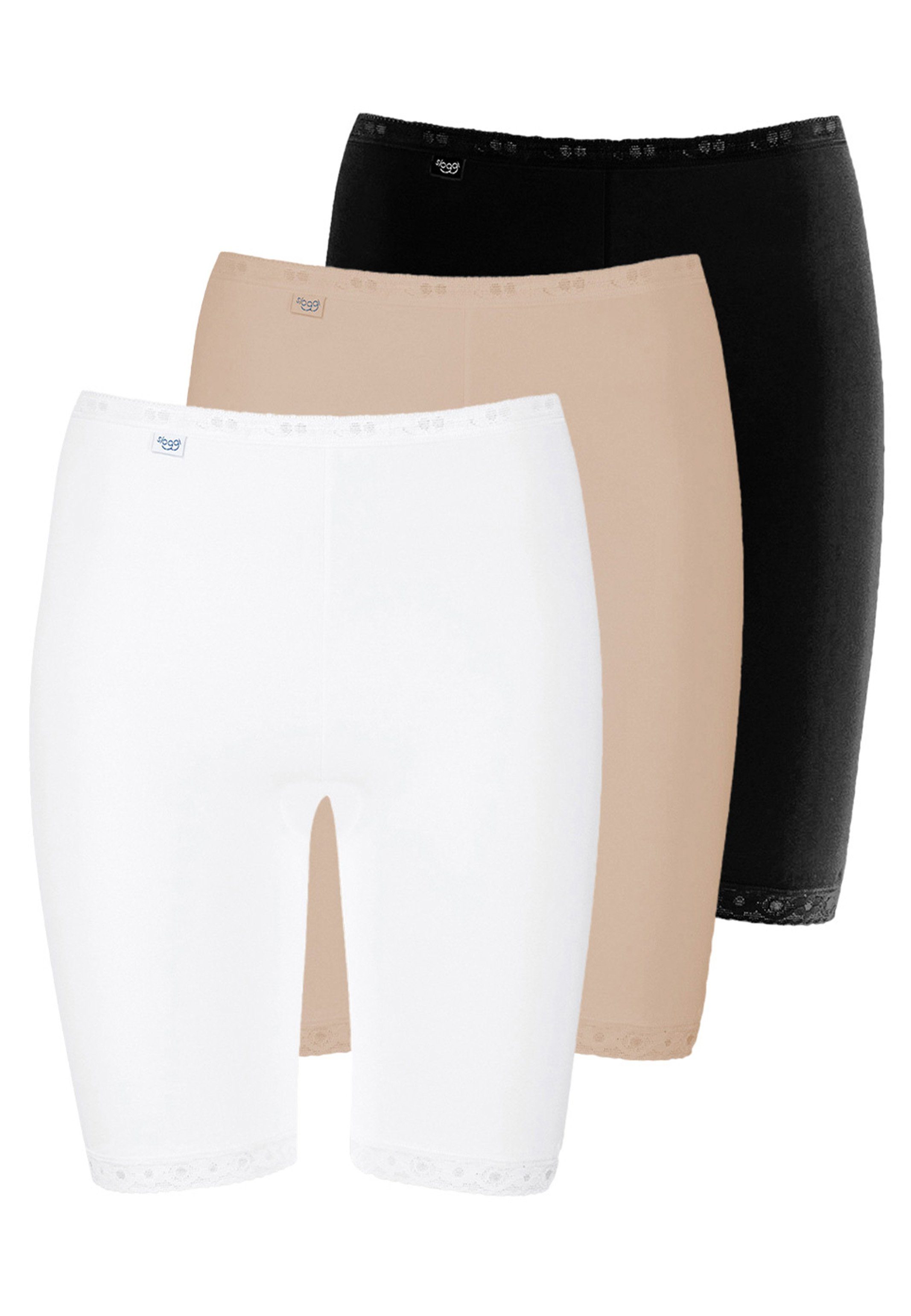 Sloggi Lange Unterhose 3er Pack Basic+ (Spar-Set, 3-St) Long Slip - Baumwolle - Longshort mit weichen Nähten Weiß / Schwarz / Beige
