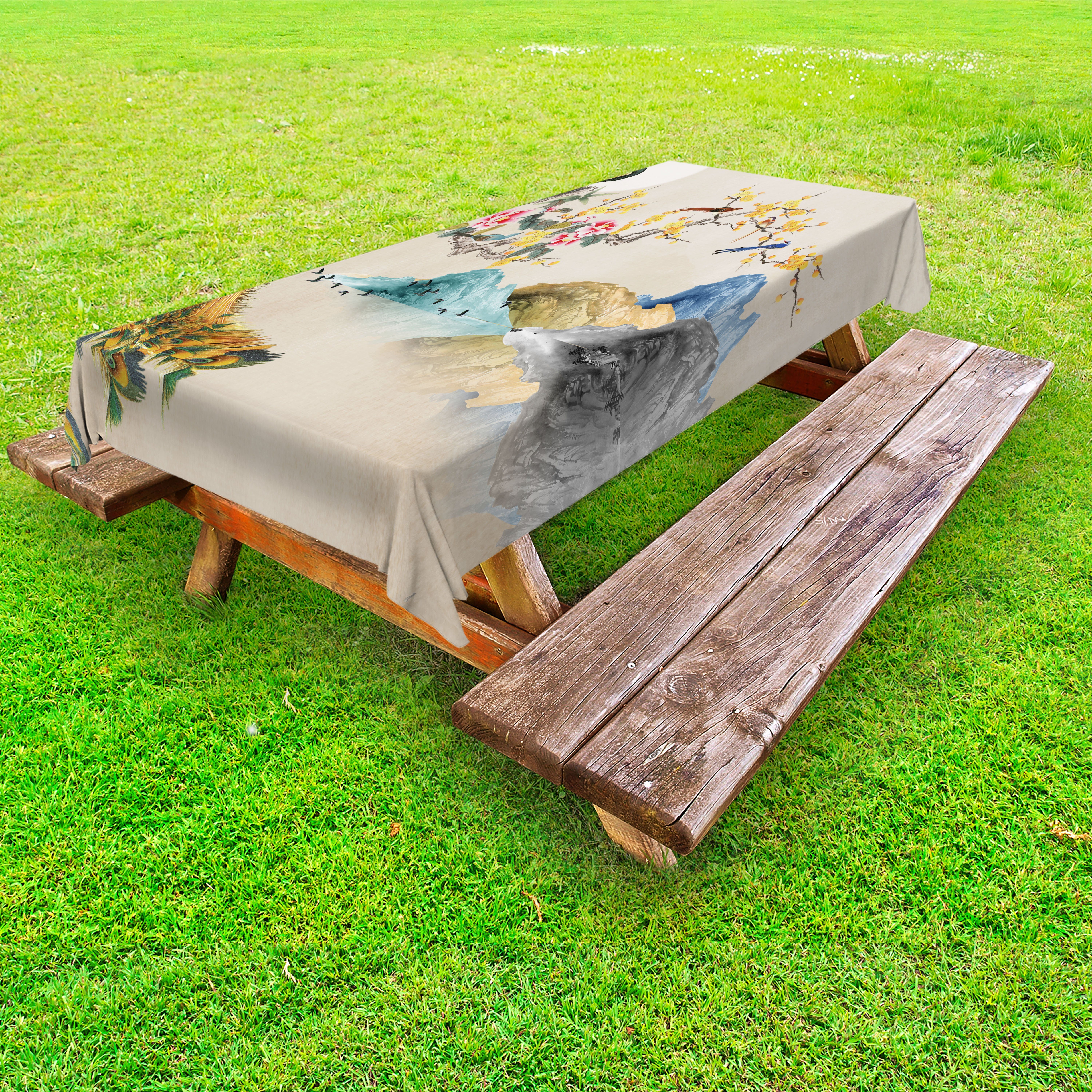 Abakuhaus Tischdecke dekorative waschbare Picknick-Tischdecke, Asiatisch Japanischer Frühling Pfau Vogel