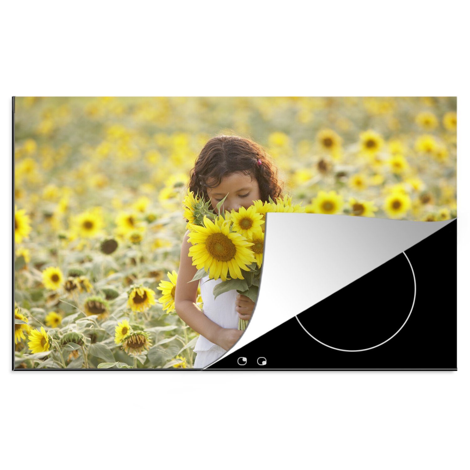 MuchoWow Herdblende-/Abdeckplatte Mädchen mit einem Blumenstrauß aus Sonnenblumen, Vinyl, (1 tlg), 81x52 cm, Induktionskochfeld Schutz für die küche, Ceranfeldabdeckung