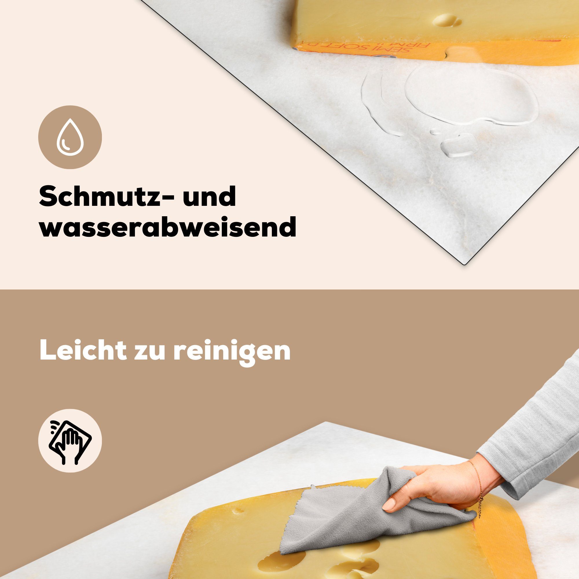 Vinyl, 78x78 MuchoWow Ceranfeldabdeckung, Schweizer Arbeitsplatte für auf cm, küche Herdblende-/Abdeckplatte Ein Stück einer tlg), Käse Arbeitsplatte, (1