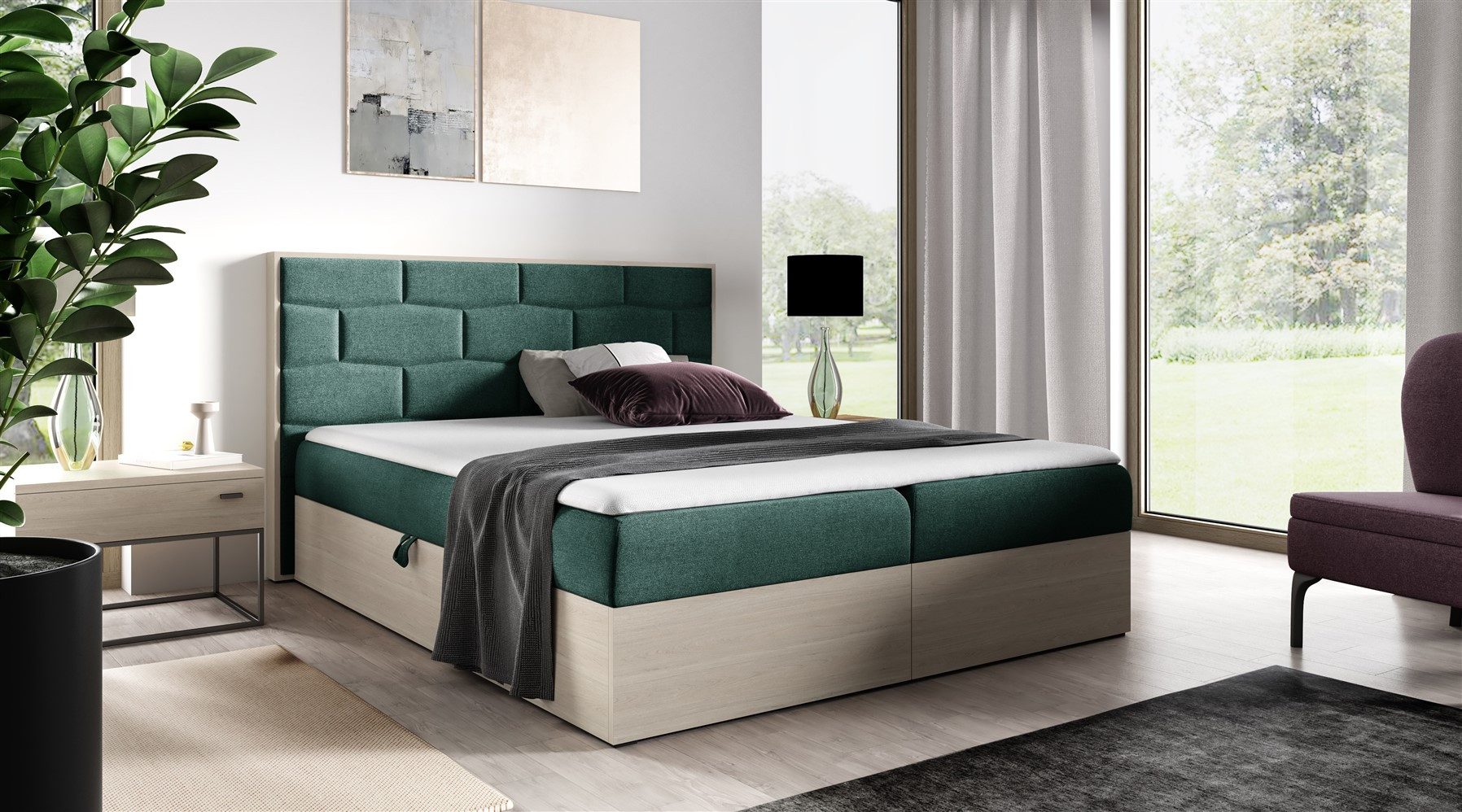 Fun Möbel Boxbett Schlafzimmerbett BEILA Nordic-Teak-Optik (inkl. Bettkasten, inkl. Topper), Stoff Faro