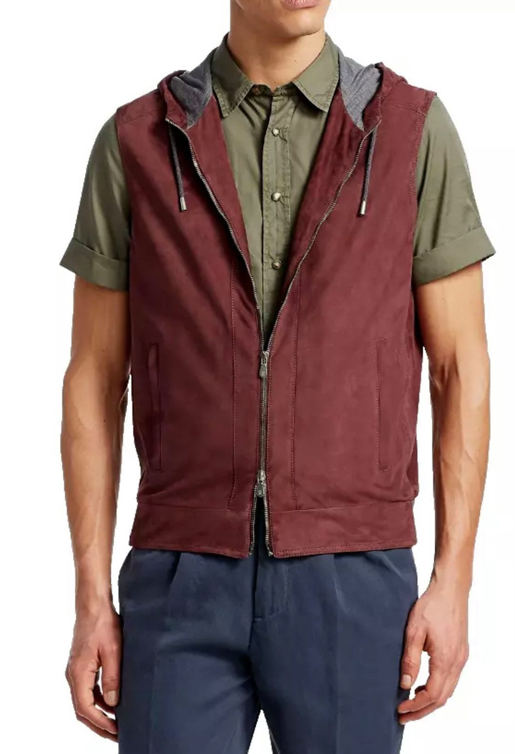 BRUNELLO CUCINELLI Lederweste Weste im Sweatshirt-Stil aus leichtem Veloursleder Kapuze mit Tunnelzug, gefüttert mit Seide und Baumwolljersey