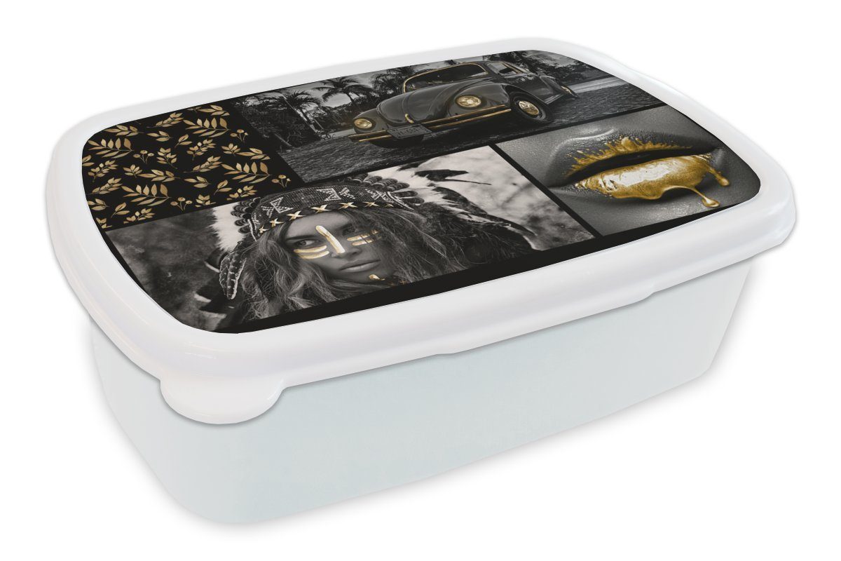 MuchoWow Lunchbox Collage - Kunststoff, - Farbe, Mädchen Brotbox (2-tlg), Kinder für und Jungs Gold Brotdose, für und Erwachsene, - weiß Auto