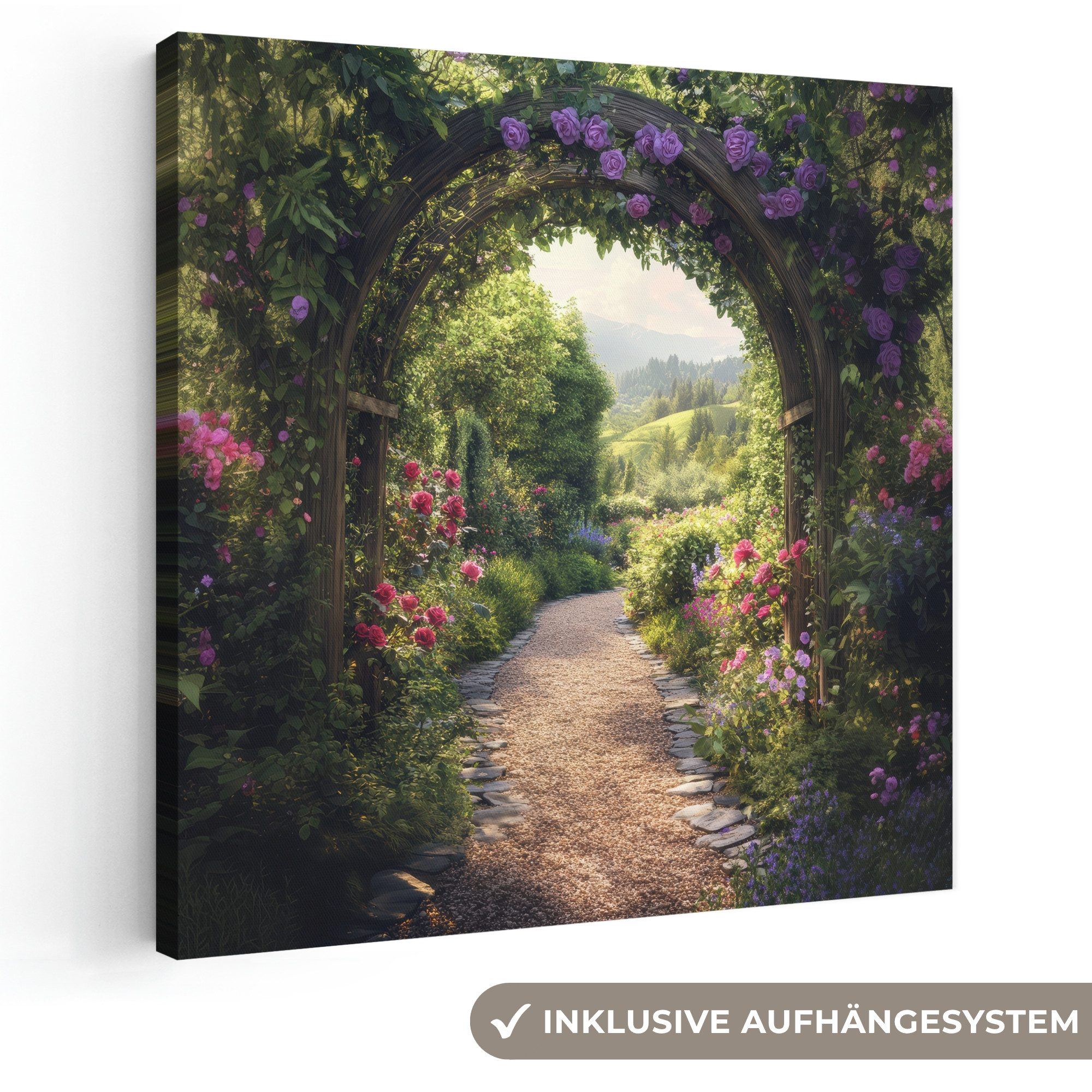OneMillionCanvasses® Leinwandbild Ausblick - Landschaft - Blumen - Gartenbogen - Natur, Fotodruck (1 St), Wandbild, Deko Schlafzimmer Wohnzimmer Flur 20x20 cm