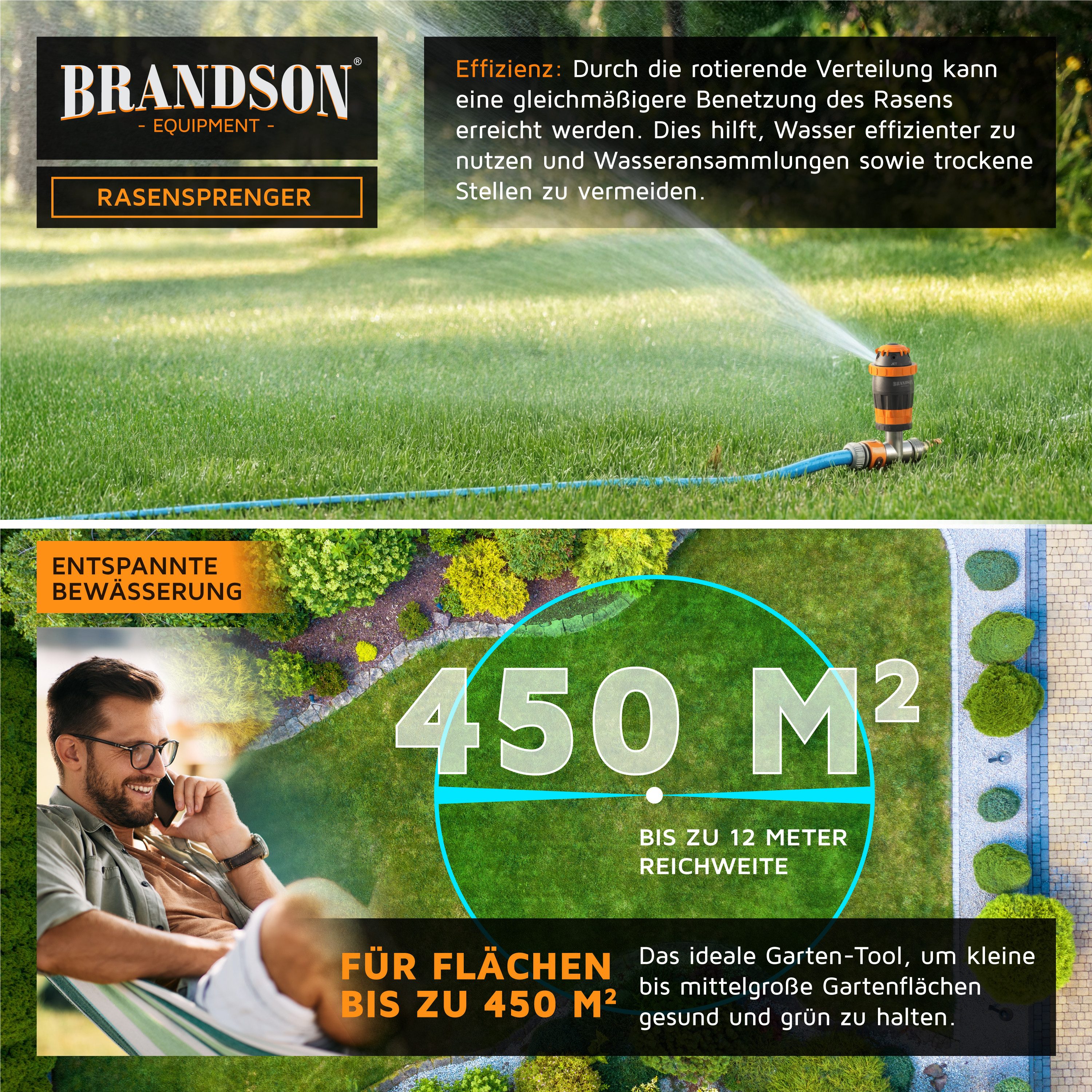Brandson Kreisregner 5-fach Rasensprinkler mit Erdspieß, 360° Flächenregner, Sprühregner, für Flächen bis 150 m², 14 cm lang, (1-St), 5 Sprühmuster, Rasensprenger mit Edelstahl-Erdspieß, 12 m Reichweite