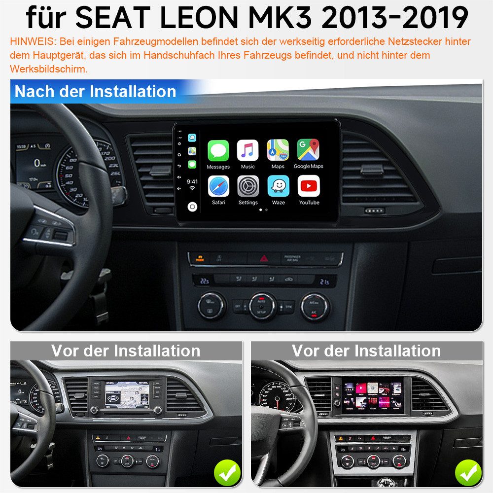 A-Sure Android 15 Autoradio Carplay Navi Für Seat LEON 5F1 5F5 2013-2019 Autoradio (DSP, RDS, Digitalradio (DAB), 1280*720P)