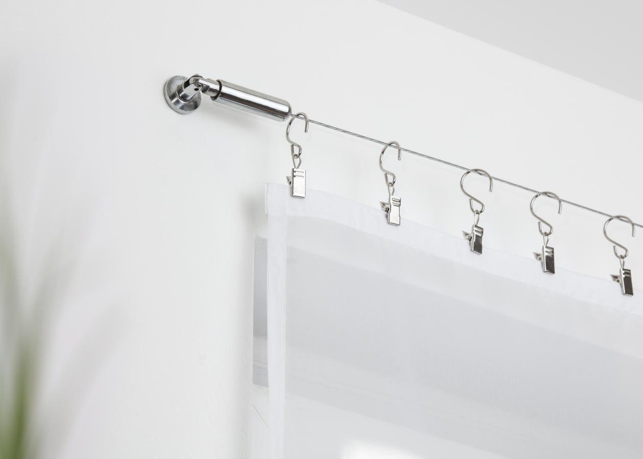 LICHTBLICK ORIGINAL Gardinenstange Seilhaken mit Klammer für Seilspanngarnitur, Gardinenklammern Clips, Fixmaß, Metall, Klammerhaken für Seilspanngarnituren mit Ringen zum einhängen.