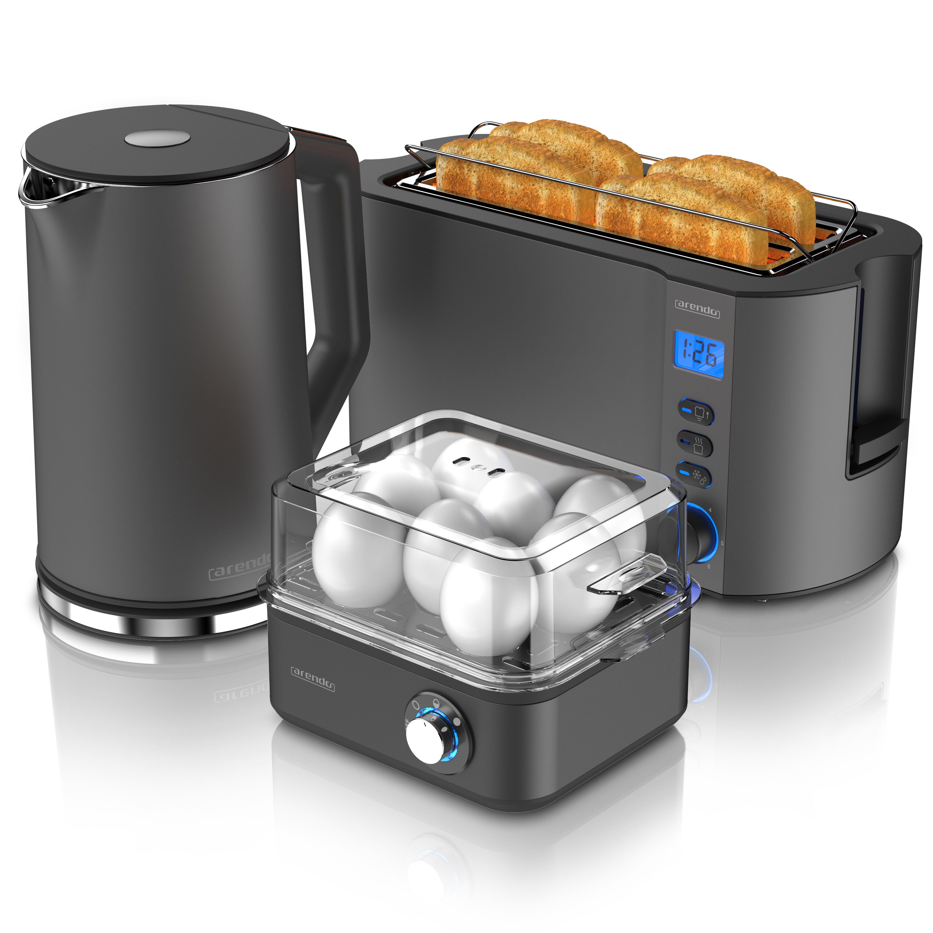 Arendo Frühstücks-Set Wasserkocher 1,5l, 4-Scheiben Toaster, 8er Eierkocher, Cool Grey (3-tlg), Edelstahl, BPA-frei, GS-geprüfte Sicherheit, fürs Familienfrühstück