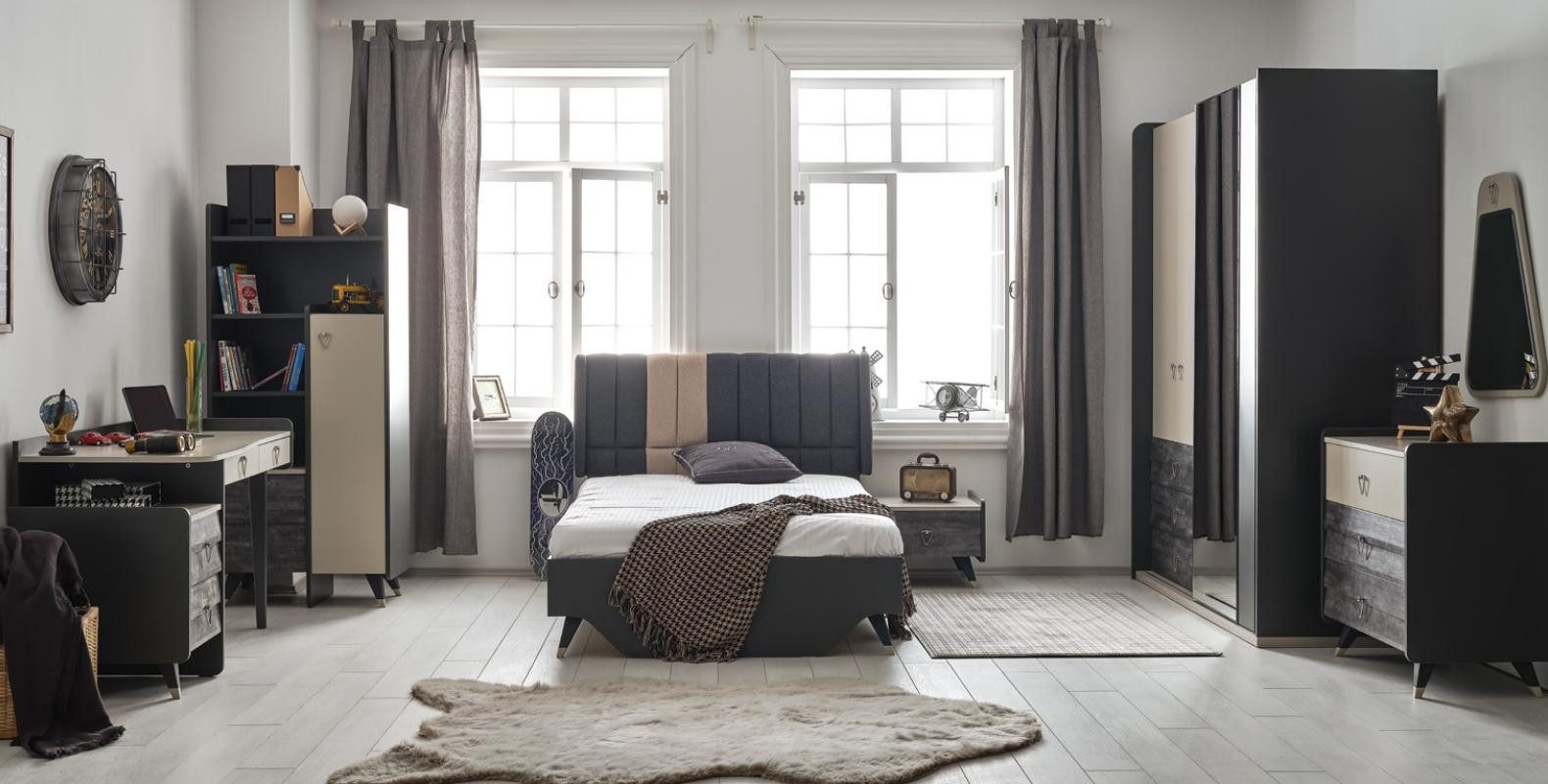 JVmoebel Jugendzimmer-Set Elegantes graues Schlafzimmer-Set aus Holz und Glas für Jugendliche, (7-tlg., Bett, Nachttisch, Kleiderschrank, Kommode, Schreibtisch, Bücherregal), Made in Europa