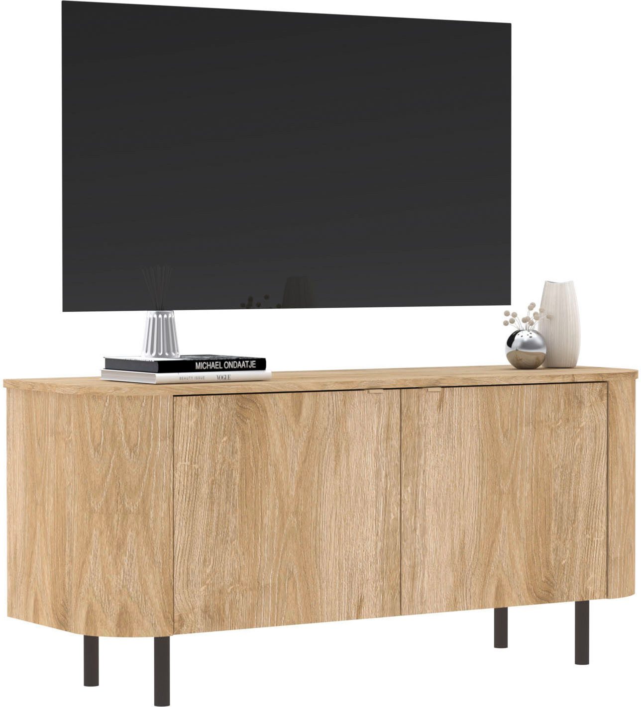 Home affaire Lowboard Murano, 131 cm breit, 2 Türen, TV-Schrank, TV-Kommode, Medienboard, Formgebogenes MDF, Stirnseiten mit Rundung, Füße und Griffe aus Metall