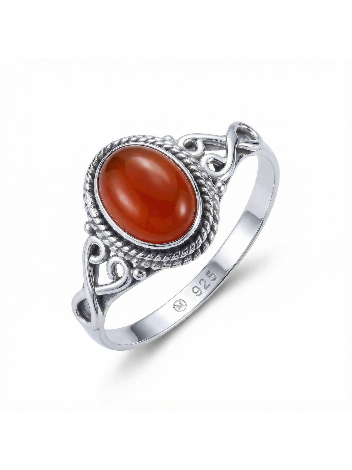 mantraroma Silberring BAGHIMI oval aus 925 Silber mit Karneol (Ring mit Schmuckbeutel), Damenring aus 925er Silber