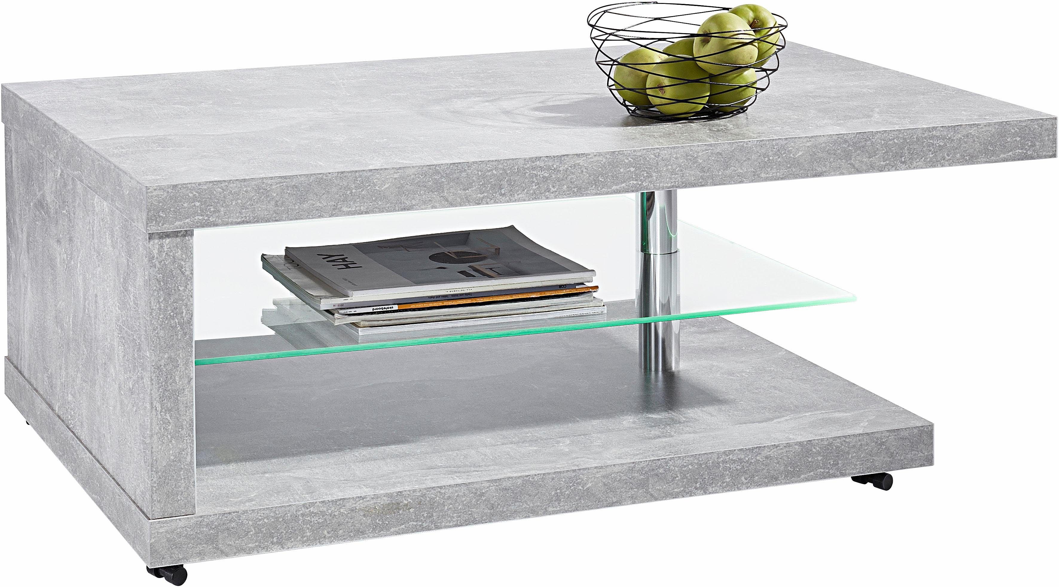 Ablageboden mit Glas, Line aus rechteckig betonoptik mit PRO Couchtisch, Rollen, Holz, aus