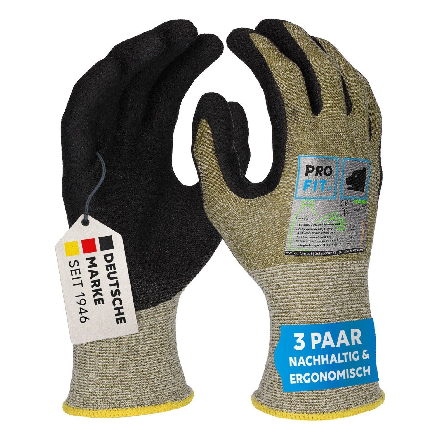 PRO FIT Montage-Handschuhe, GO GREEN Nitrilschaum Arbeitshandschuh, Gartenhandschuh (3, Paar) atmungsaktiv, ERGO-FIT Passform, nachhaltiges Produkt, flexibel