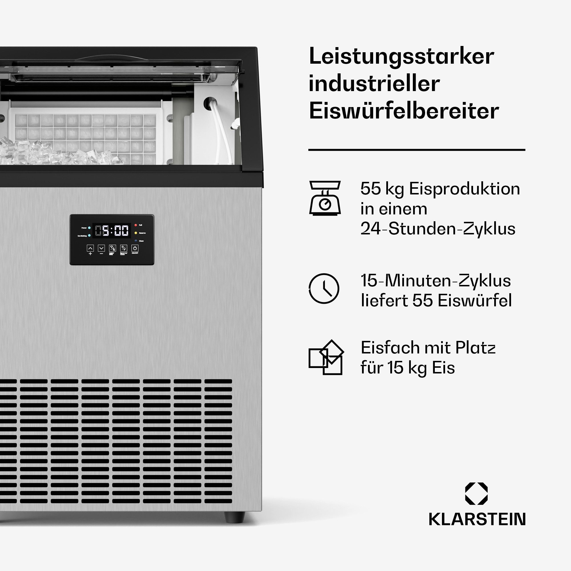 Klarstein Eiswürfelmaschine Glacial Eiswürfelbereiter, 15 kg Eisbehälter 55 kg Eis in 24 Stunden LED Selbstreinigung