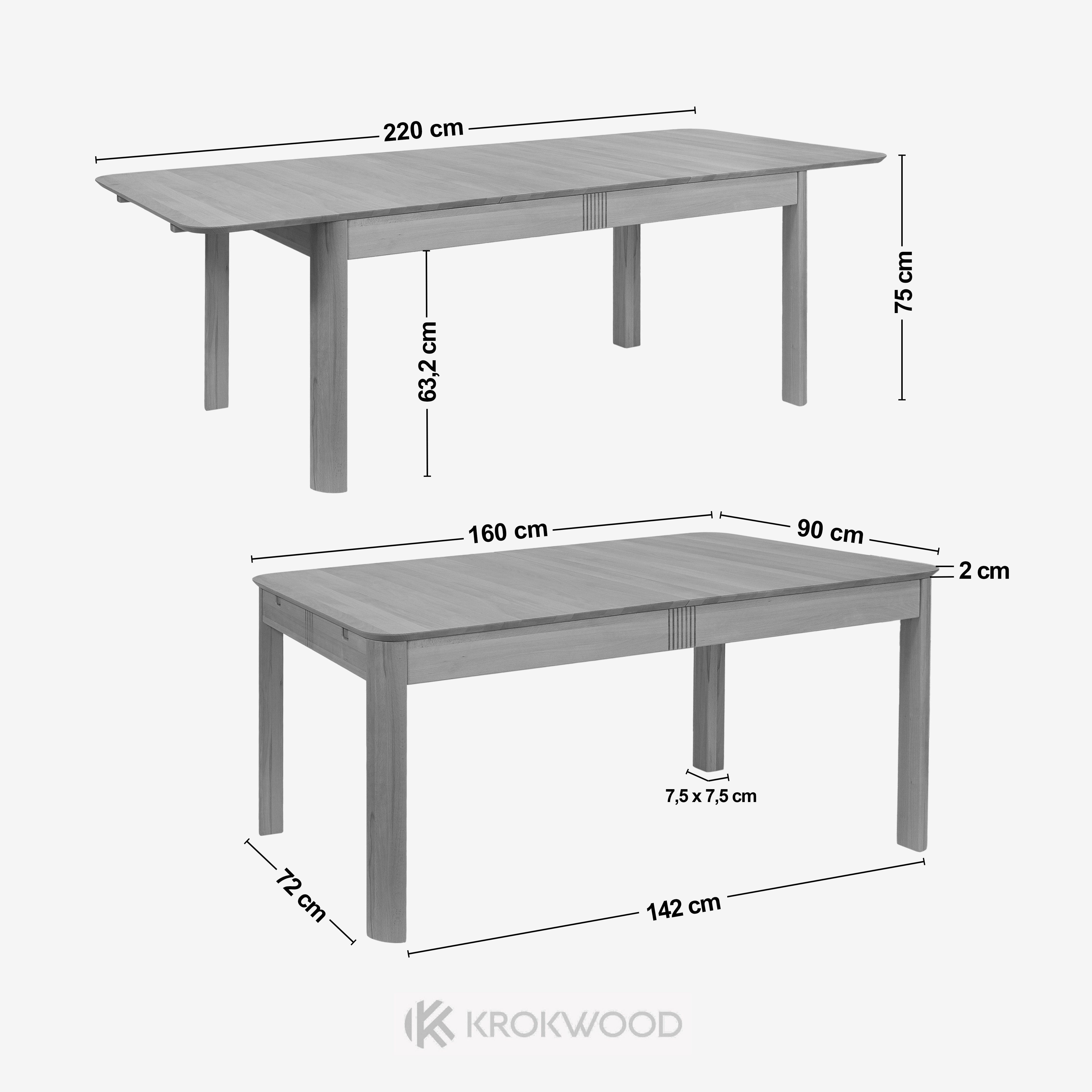Krok Wood Esstisch Ausziehbare Tisch Louise Buche 160x90х75 cm (220(160+60) x90x75 cm)