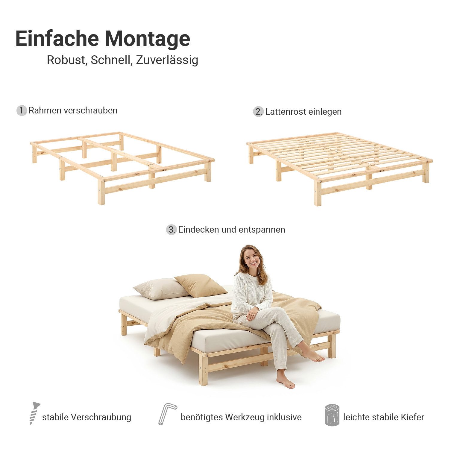 Homestyle4u Holzbett 90x200 120x200 100x200 140x200 Palettenbett Jugendbett Futonbett boden (Set, inklusive Lattenrost), 140x200, Braun, naturbelassen, Doppelbett, bodennah