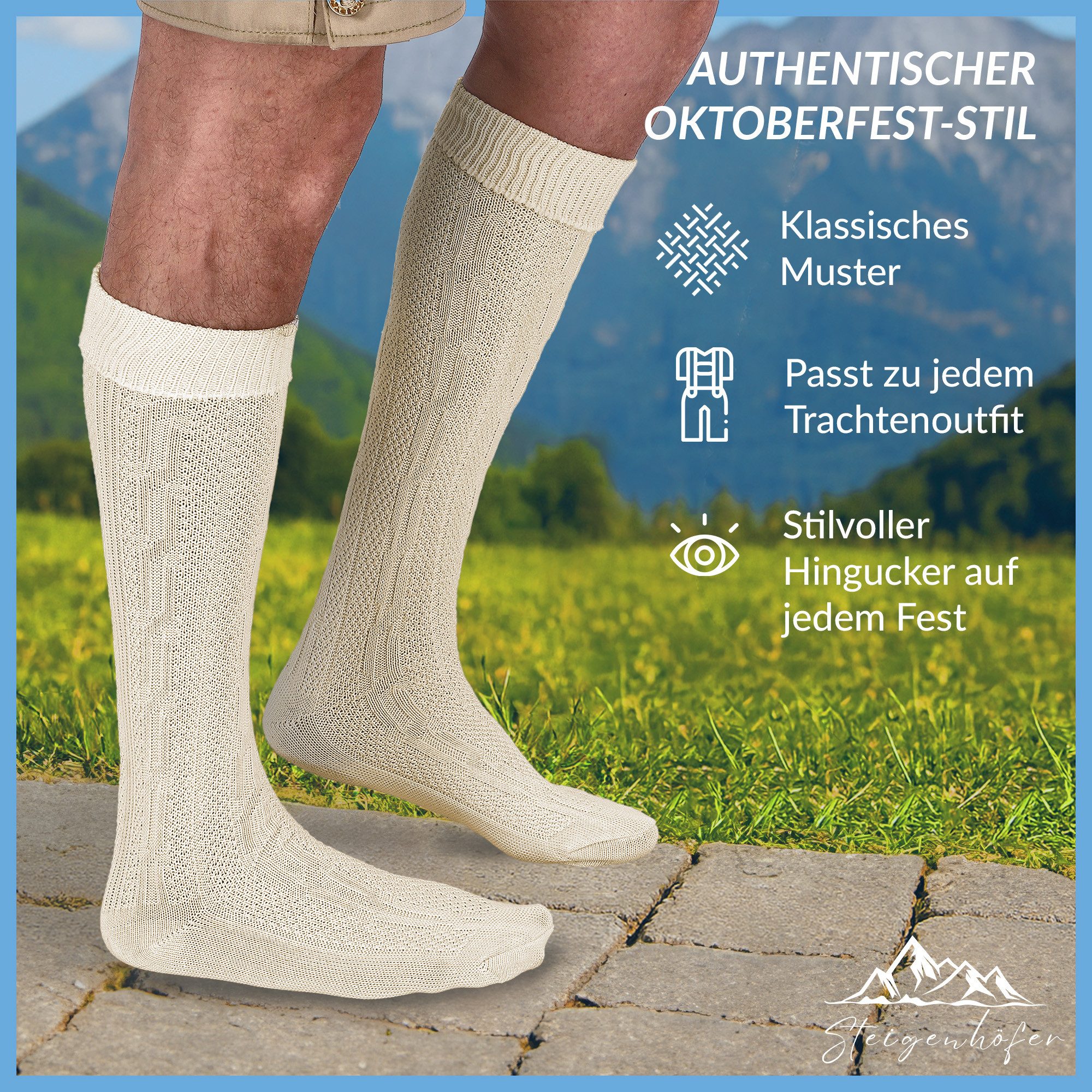 Steigenhöfer Manufaktur Trachtensocken für Herren und Damen – Socken mit Zopfmuster und Edelweißanstecker Oktoberfest Strümpfe aus Baumwolle für Männer & Frauen