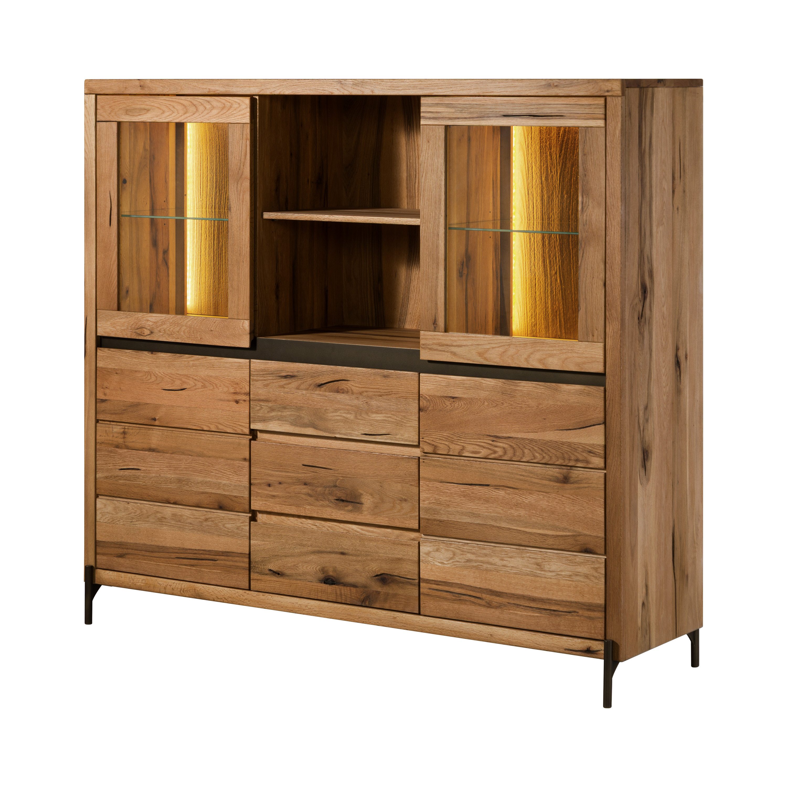 Massivmoebel24 Highboard MONTREUX LUX Wildeiche / Zerreiche Massivholz natur (Massivholz teilmontiert 118 kg MONTREUX LUX #105), Wildeiche / Zerreiche 160x47x145 cm natur geölt