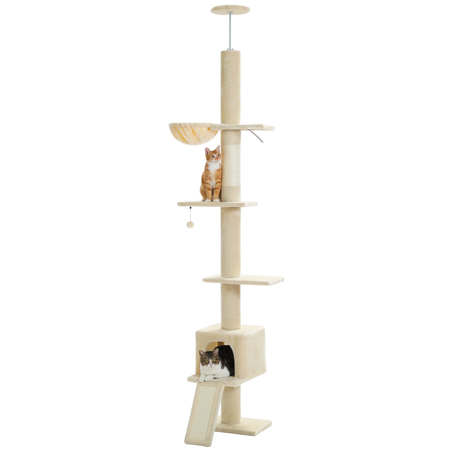 PAWZ Road Kratzbaum Kratzbaum deckenhoch, höhenverstellbar (216-273cm), Katzenturm mit Hängematte und Katzenhöhle, Anti-Sturzgurt