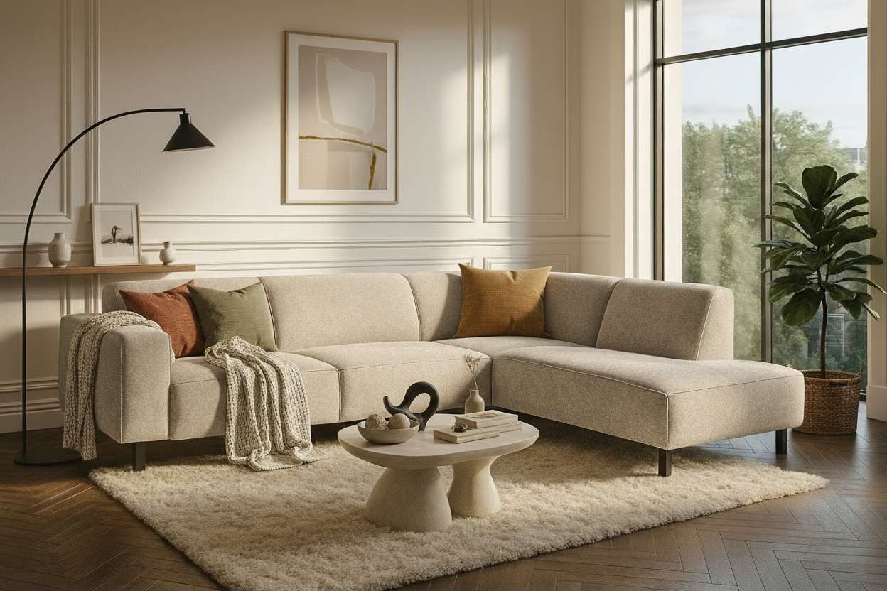 Home affaire Ecksofa LORCAN mit Holzfuß, Breite 275 cm, weiches Sitzgefühl, Massivholzfüsse, Chenille und Bouclé -Bezüge