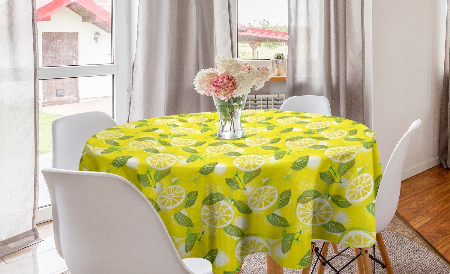 Abakuhaus Tischdecke Kreis Tischdecke Abdeckung für Esszimmer Küche Dekoration, Frühling Frische Zitronen mit Blättern