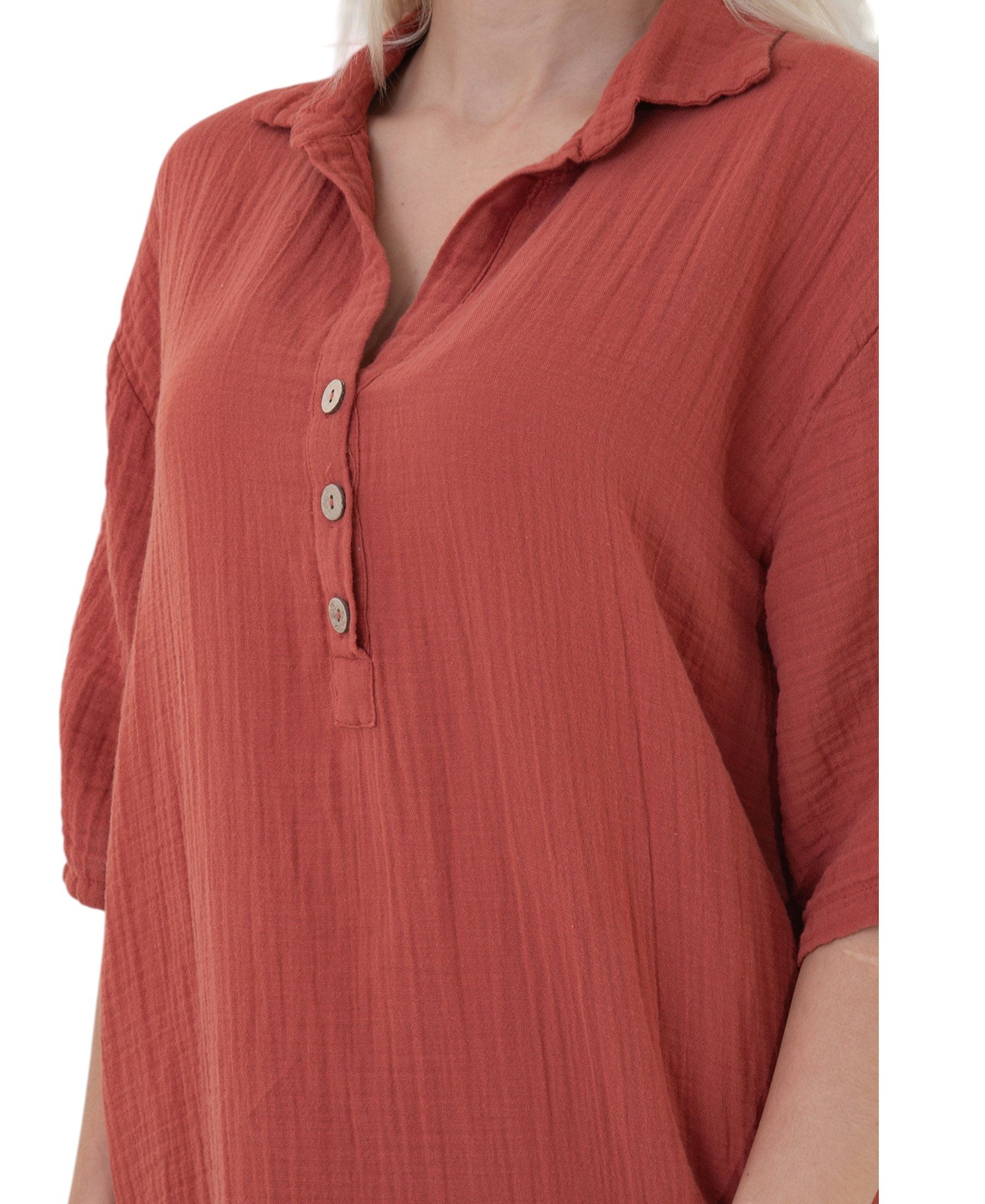 WENOR Blusenkleid Musselin Damen Tunika Kleid Baumwolle Oversize Sommerkleid Locker geschnitten mit Hemdkragen, Knopfleiste und Seitentaschen