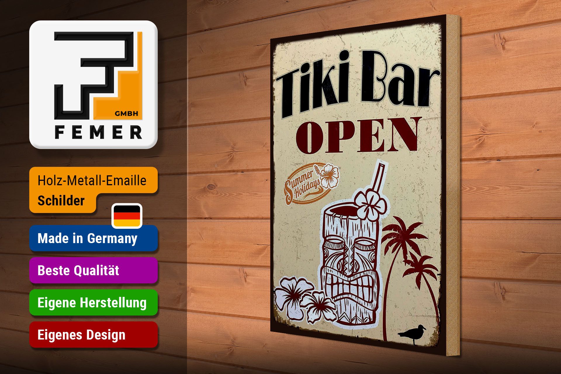 Femer GmbH Holzbild Reklame 30x40 cm Tiki Bar open, (1 St), Glatte Holzfaserplatte (MDF), vorn beschichtet