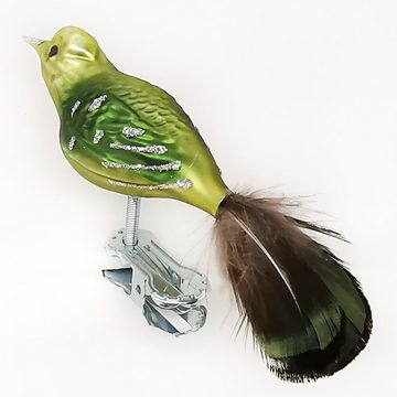 Schatzhauser Christbaumschmuck Grünschnabel mit Naturfedern, 7cm Vogel (1-tlg), mundgeblasen, handbemalt