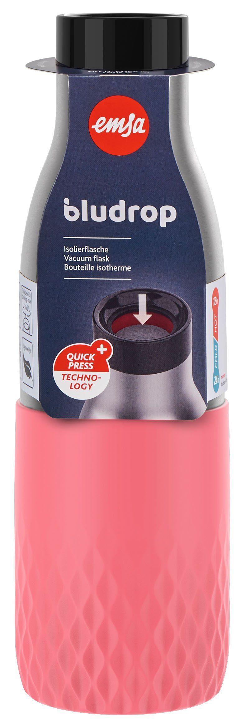 Emsa Trinkflasche Bludrop Sleeve, Edelstahl/Silikon, Quick-Press, 12h warm/24h kühl