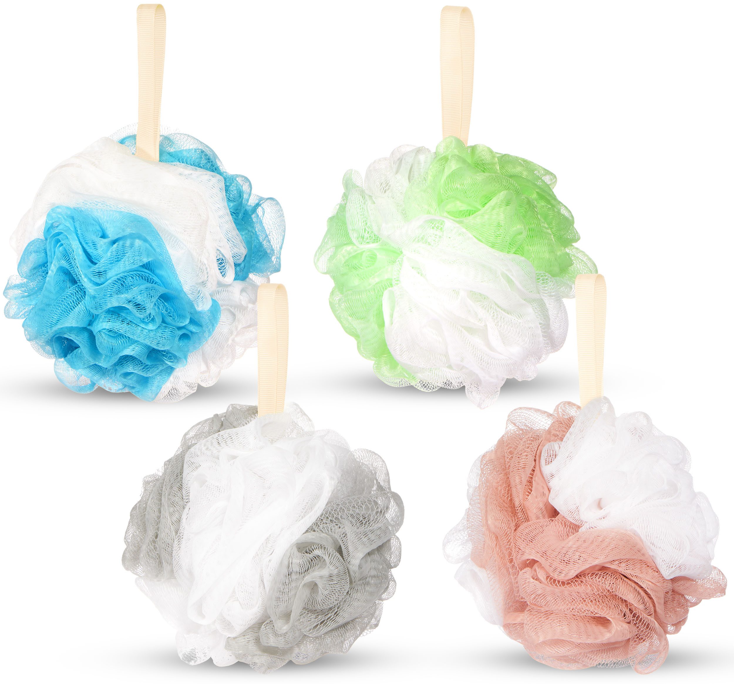 BRUBAKER Duschschwamm Badeschwamm Set Bunt - 50 g Badeknäuel - Massageschwamm, 4-tlg., Peelingschwamm Badezubehör - Luffaschwamm für Peeling und Massage