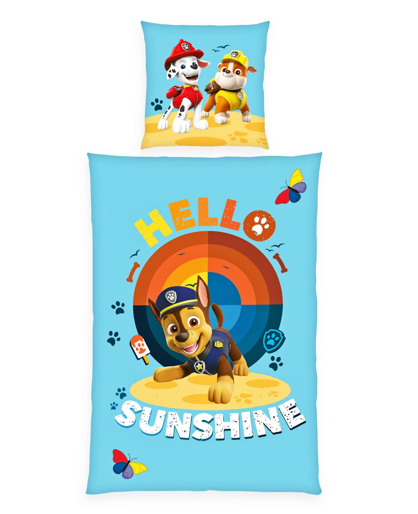 Herding Kinderbettwäsche 135x200cm Paw Patrol Hello Sunshine, Renforcé, 2 teilig, Chase und seine Freunde am Strand, Knopfleiste