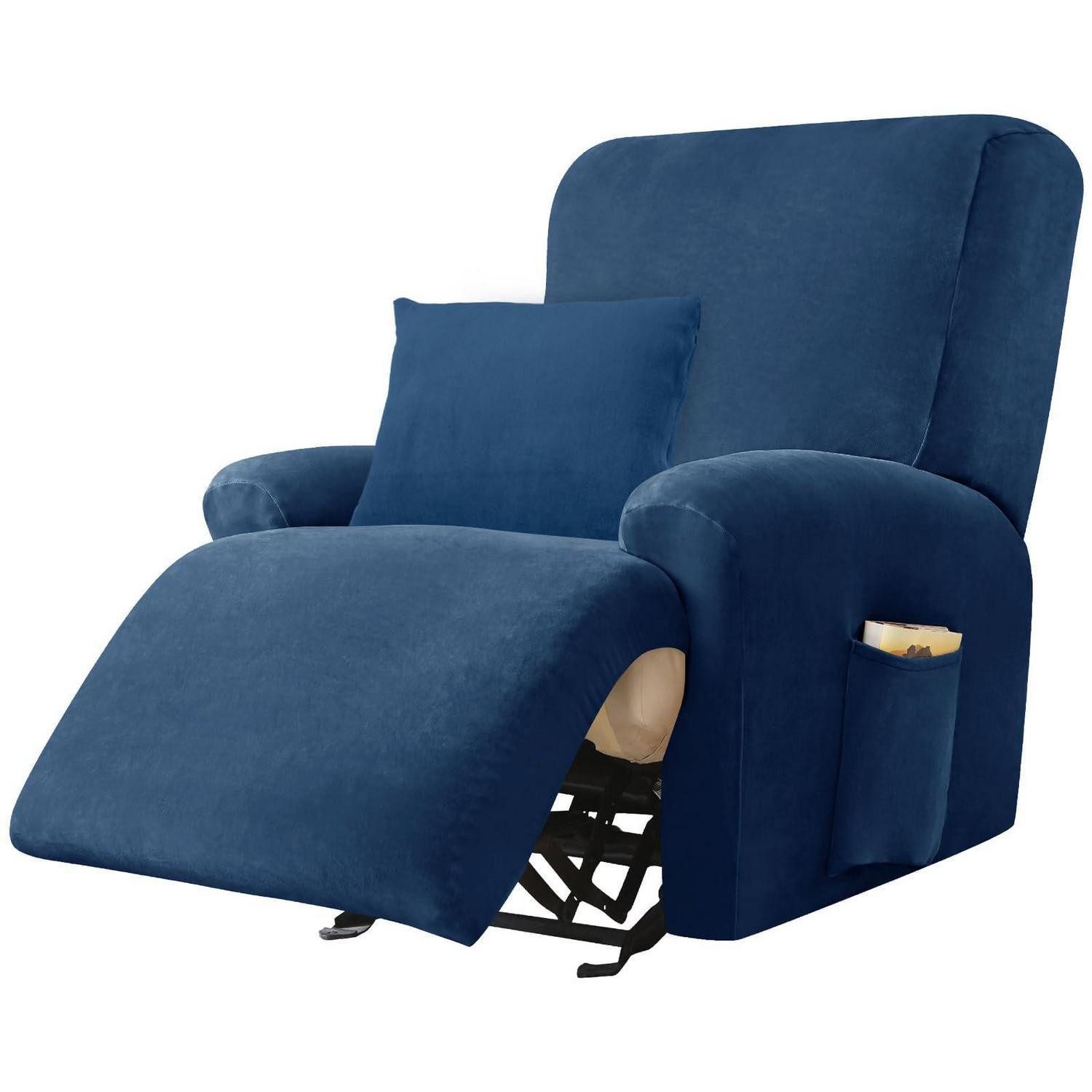 LuxusKollektion Relaxsesselhusse Sesselbezug Stretch Samt 4teilig Kissenbezug Taschen Blau 1 Sitzer